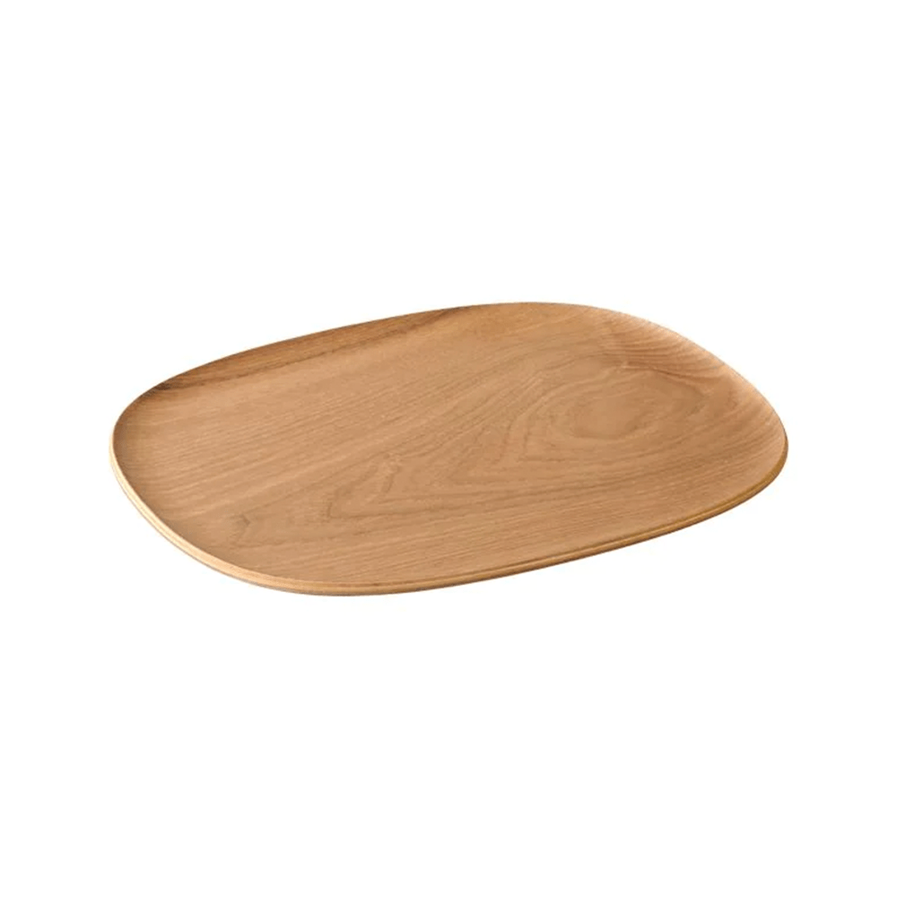 Oval wooden plate with a smooth finish and subtle grain pattern.