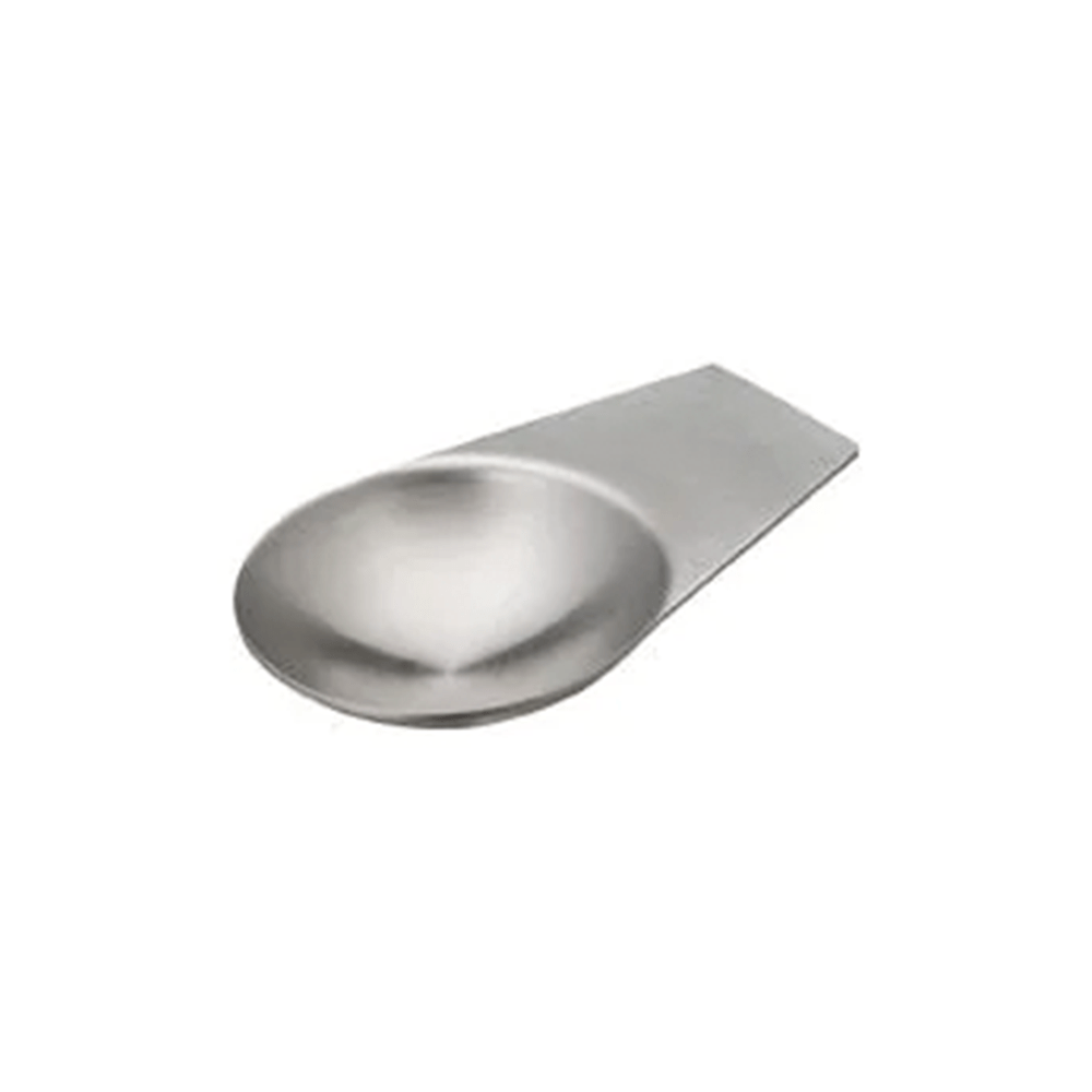 Stainless steel spoon with a flat handle and rounded bowl.