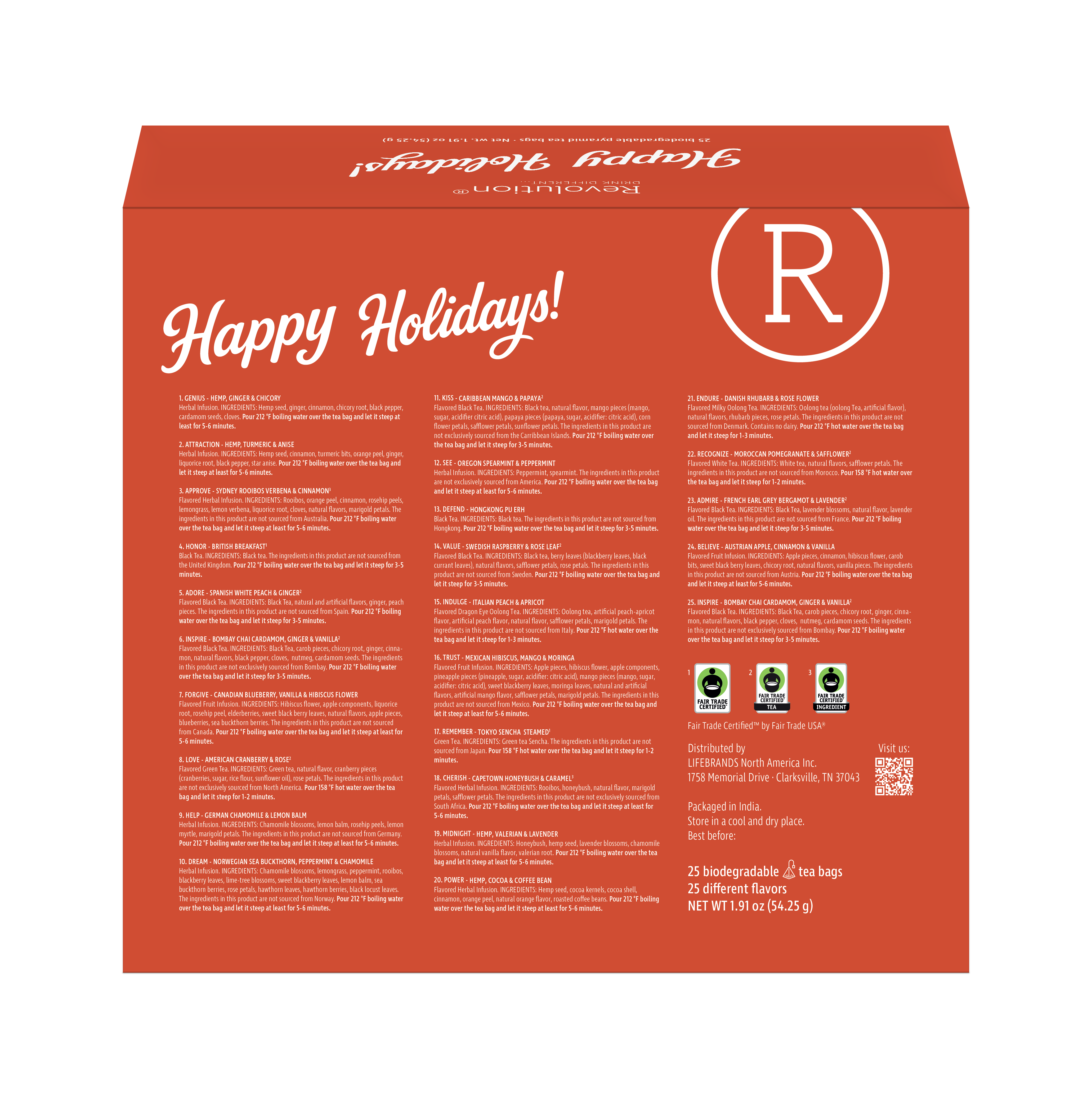 Red box with Happy Holidays text, detailed content description, and three certification logos.