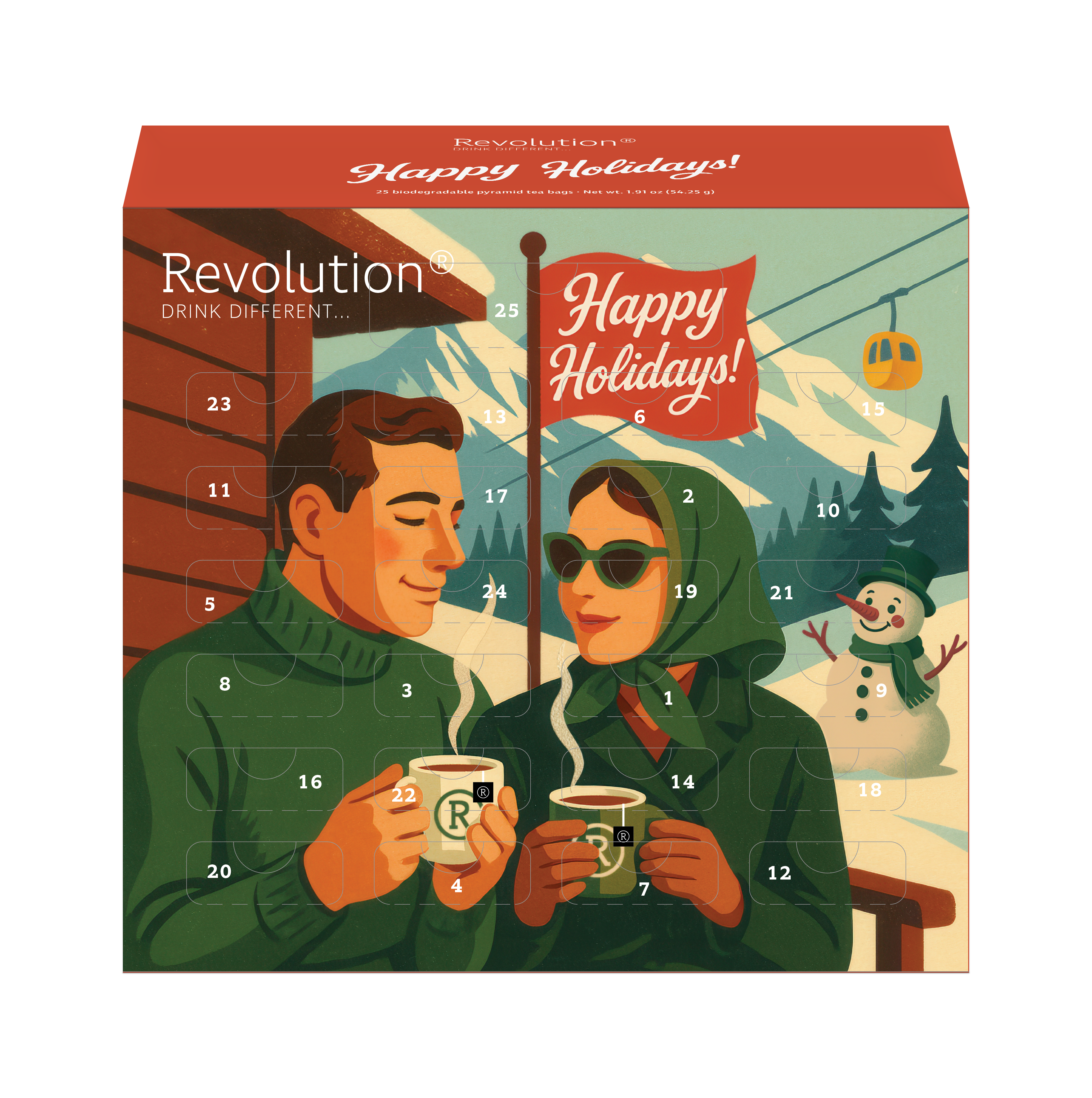 Advent calendar showing an illustrated couple in winter attire, decorated with Happy Holidays.
