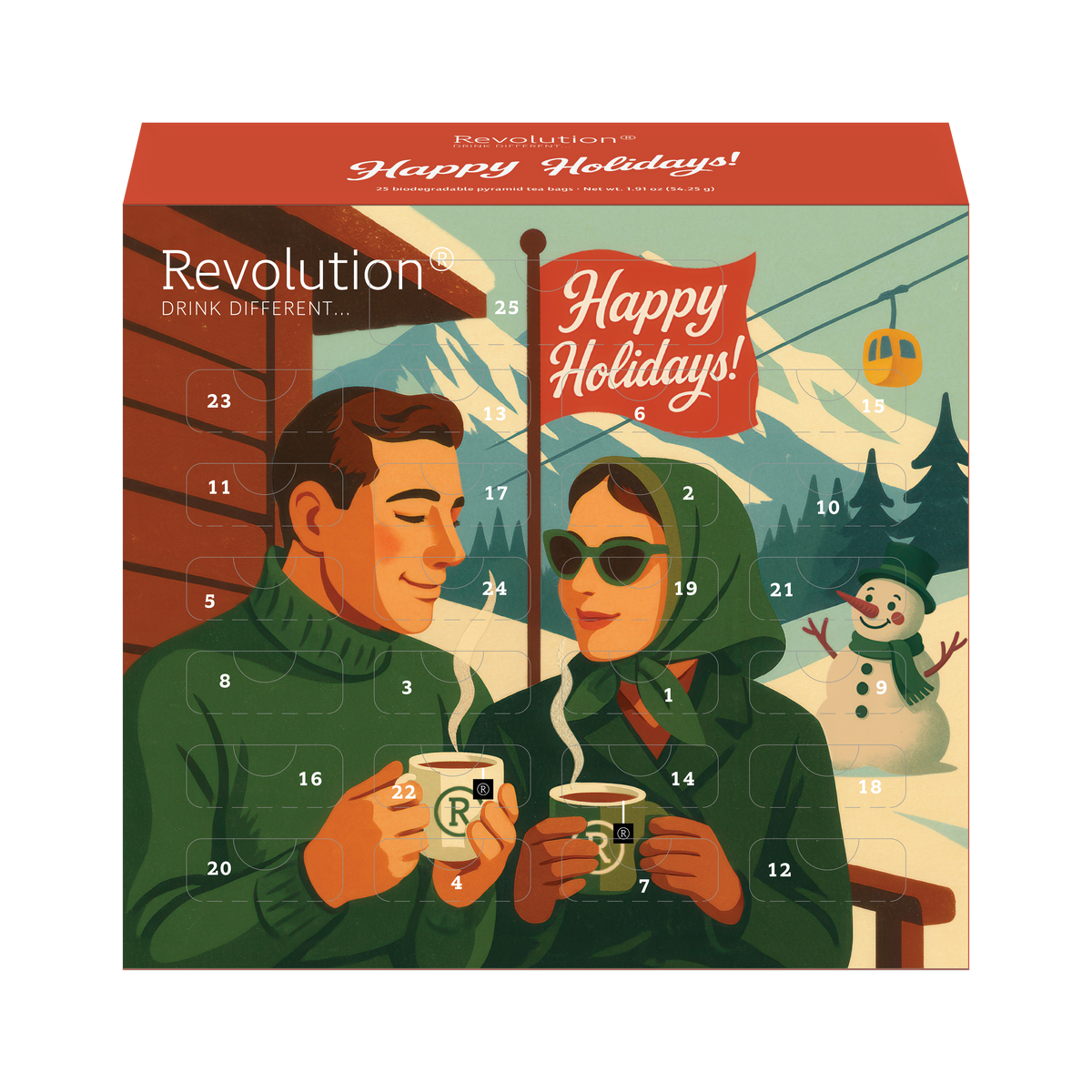 Advent calendar showing an illustrated couple in winter attire, decorated with Happy Holidays.