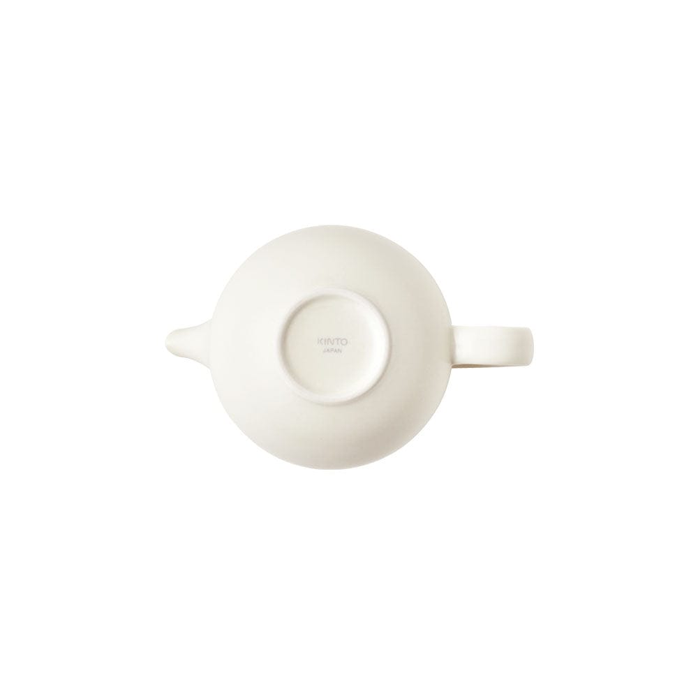 Top view of a white teapot lid with "Kinto Japan" engraved.