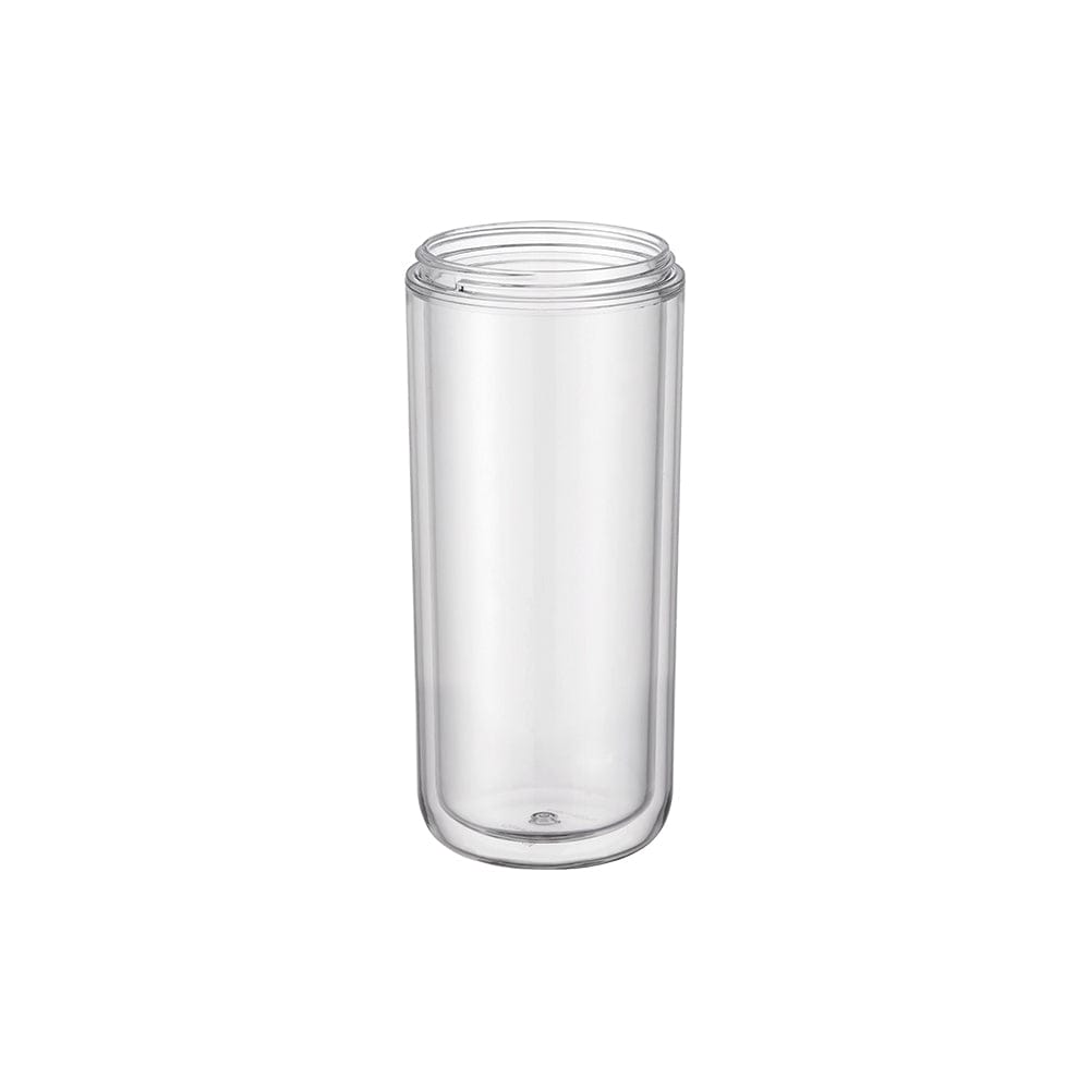 Clear, double-walled glass cup with open top, standing upright.