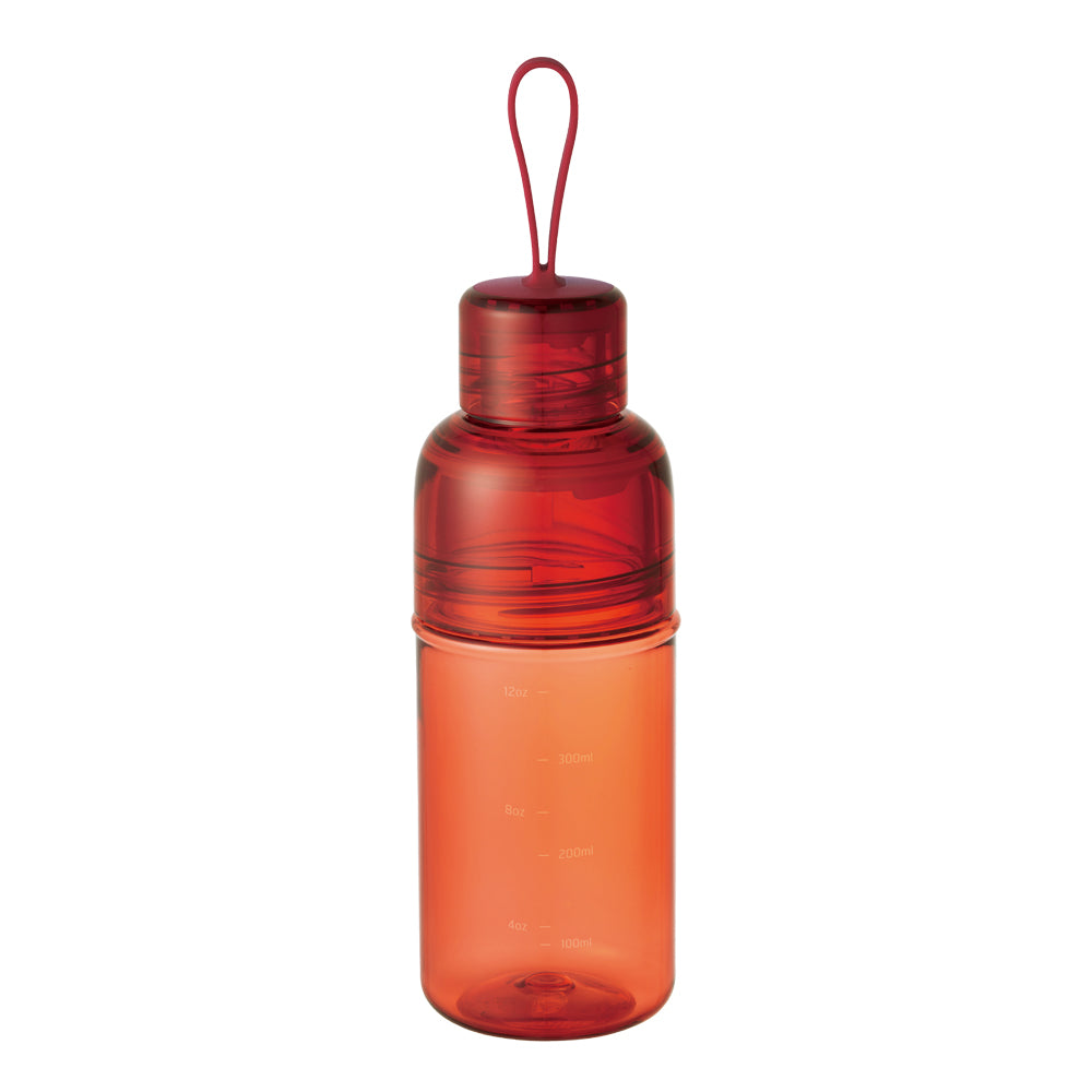 Orange water bottle with a loop handle, marked with measurements.