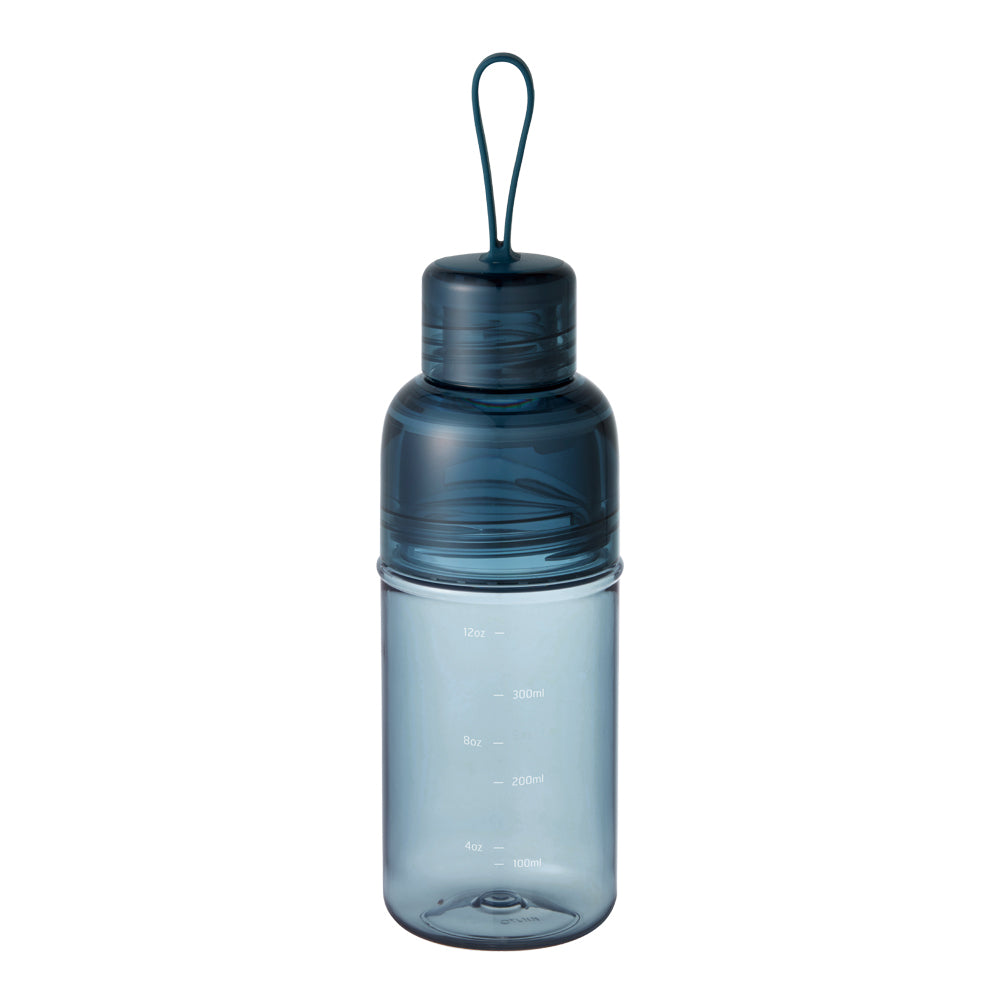 Blue water bottle with a loop handle, marked with measurements.