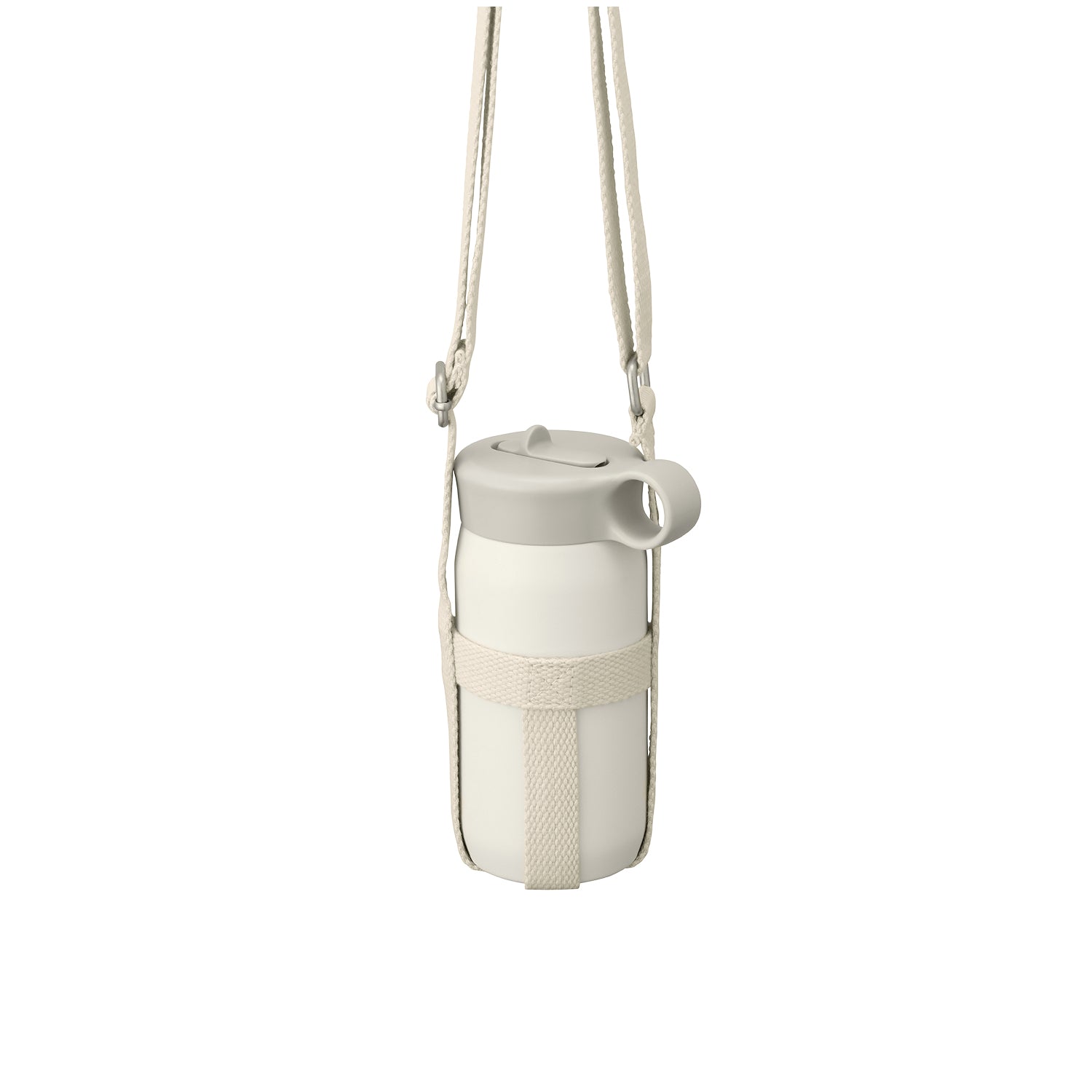White water bottle with beige strap hanging against a white background.