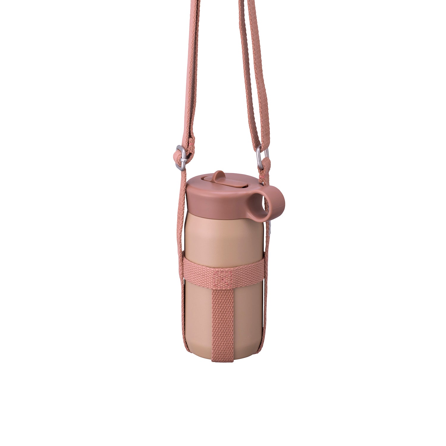 Pink water bottle hanging from a strap with a flip straw lid.