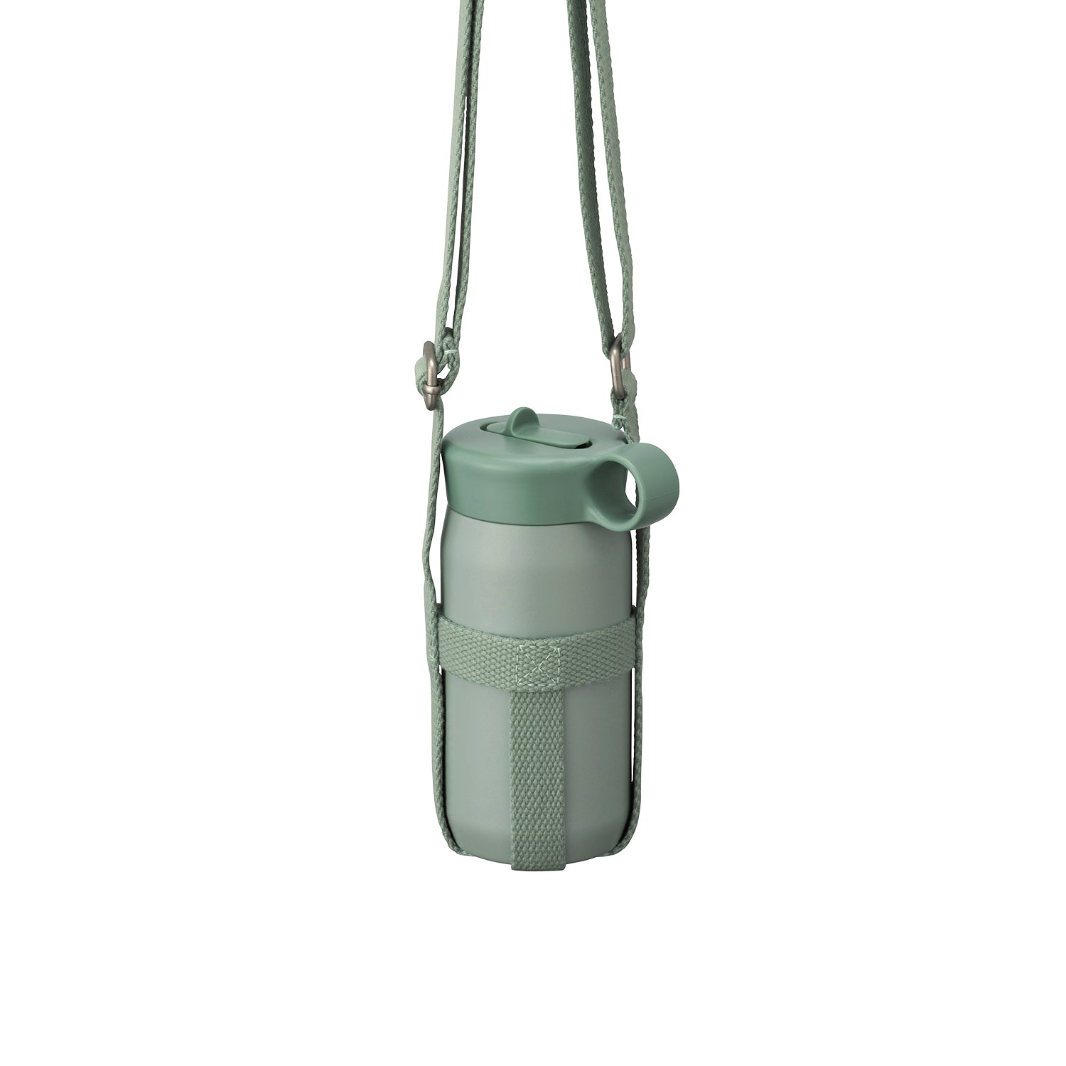 Green water bottle suspended by a strap, featuring a flip straw lid.