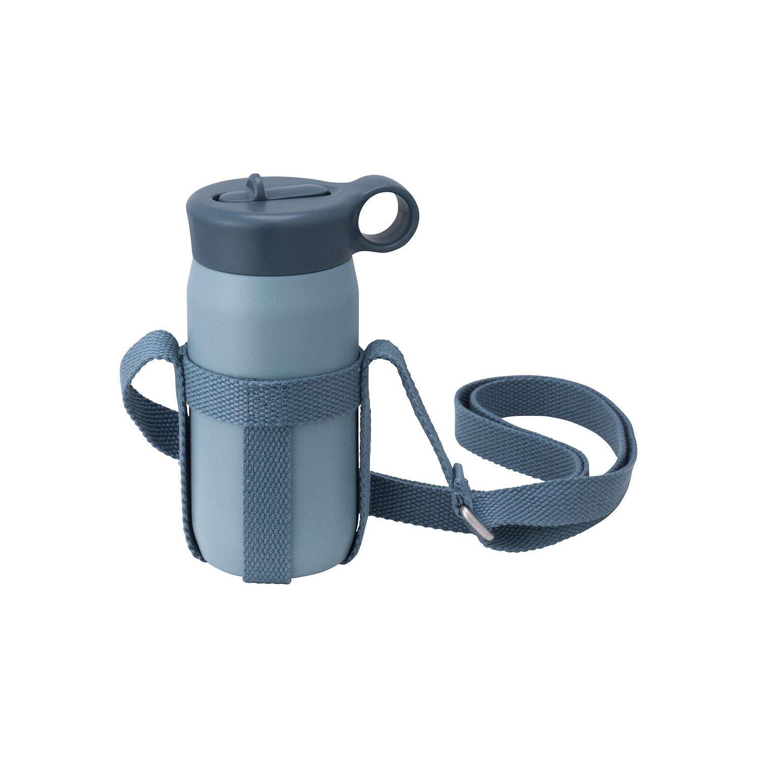 Blue matte water bottle with a detachable strap and flip straw lid.
