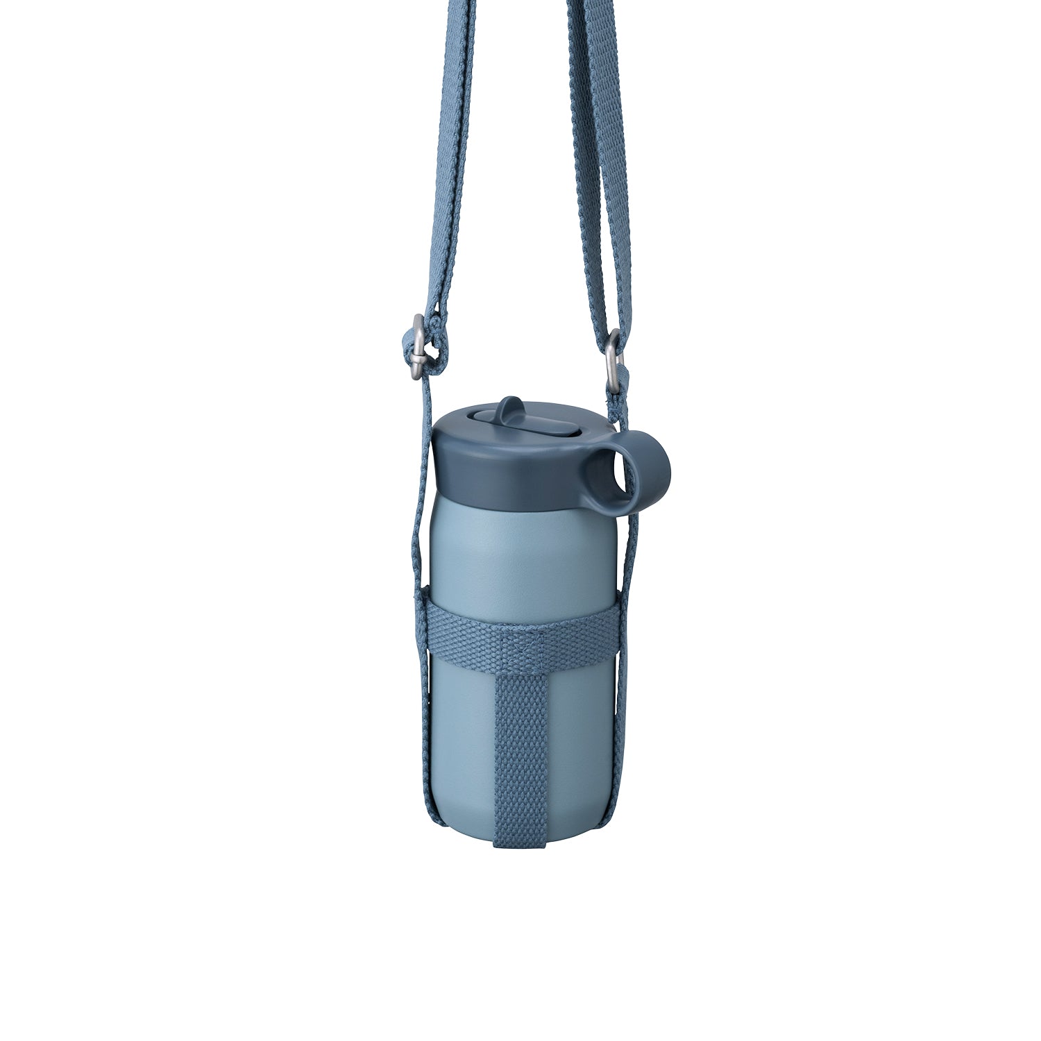 Blue water bottle hanging by its strap with a flip straw lid.