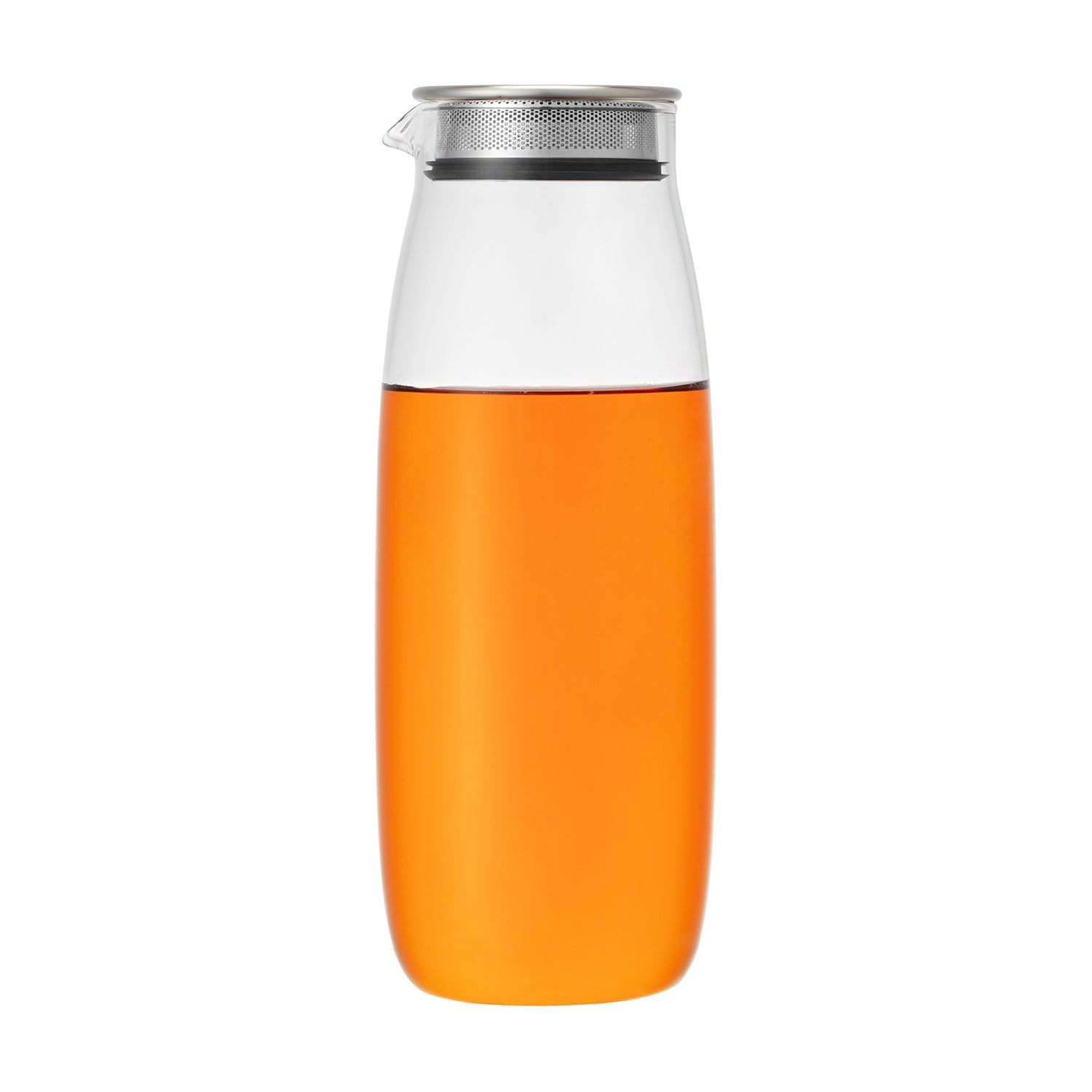 Glass pitcher half-filled with orange liquid, steel lid, on a white background.