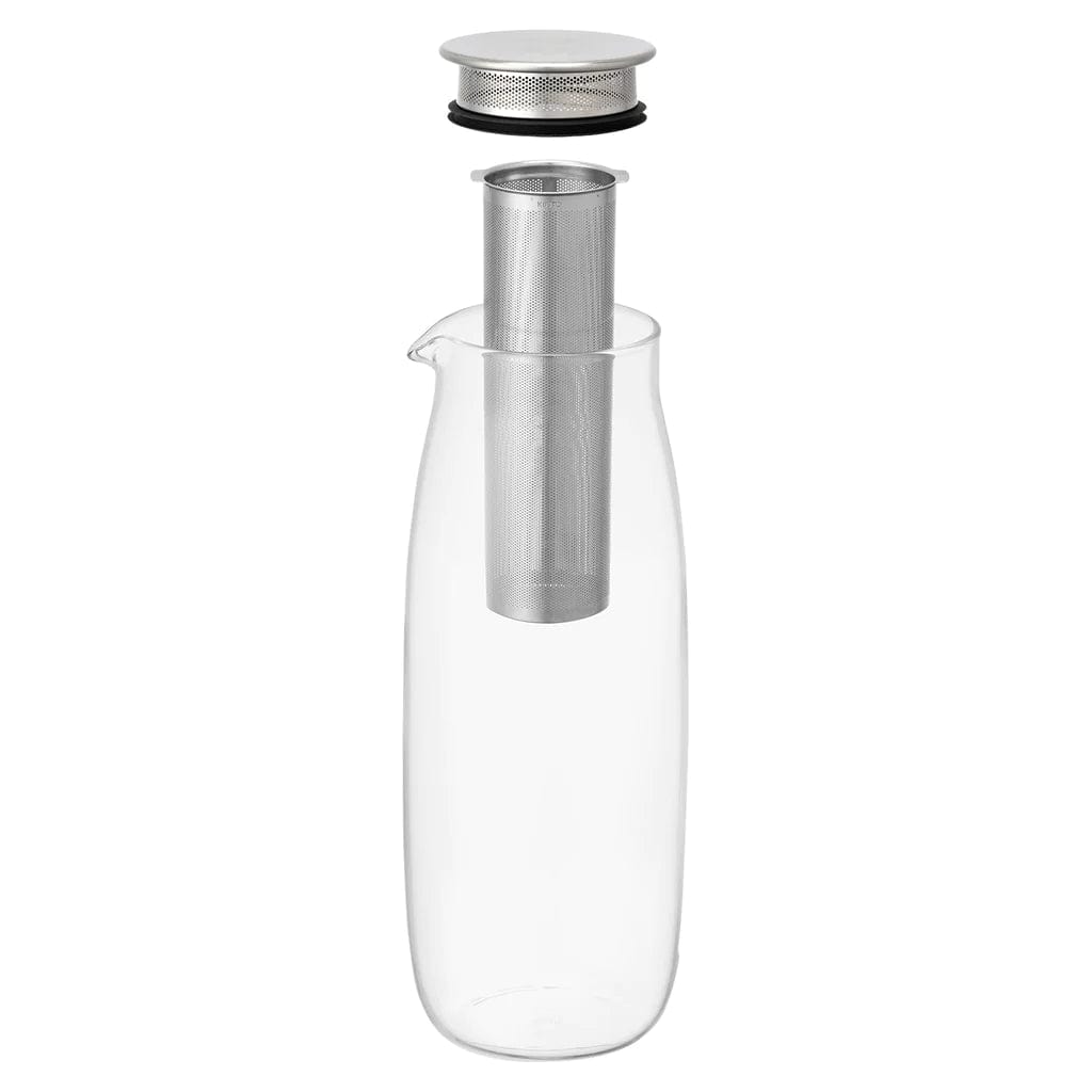 Glass pitcher with detached silver perforated infuser and lid.