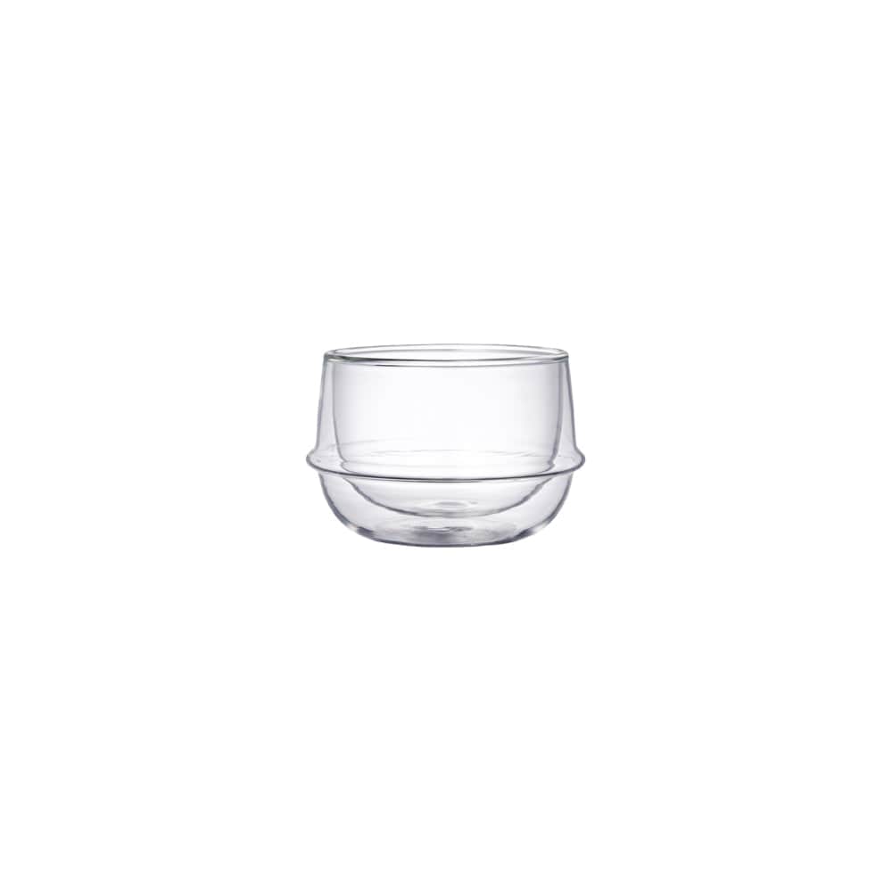 Clear glass cup on a white background, empty.