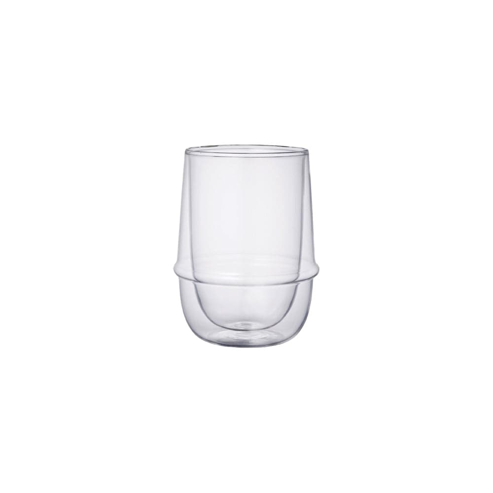 Clear tall glass on a white background, empty.