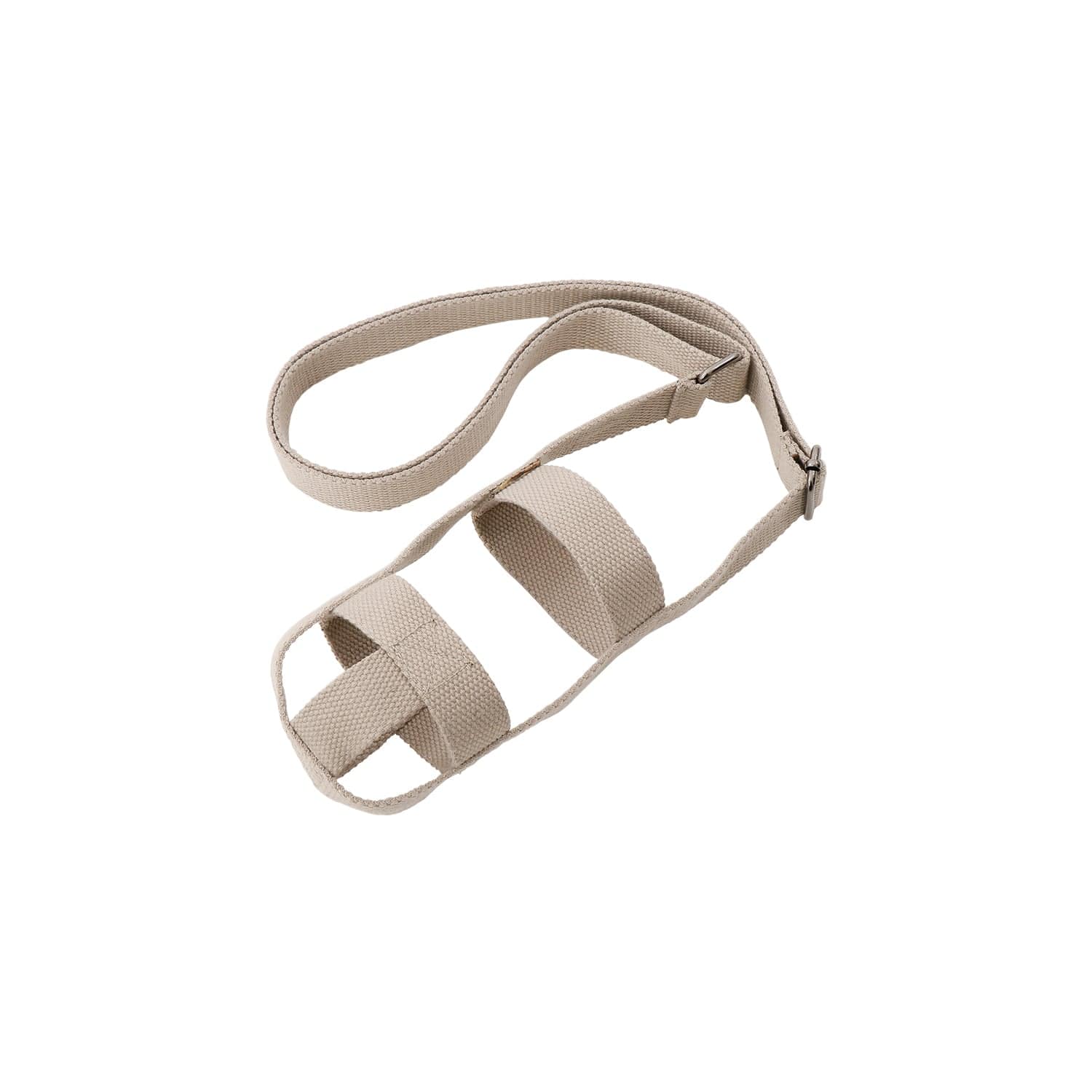 Beige fabric sling with two openings and an adjustable strap.