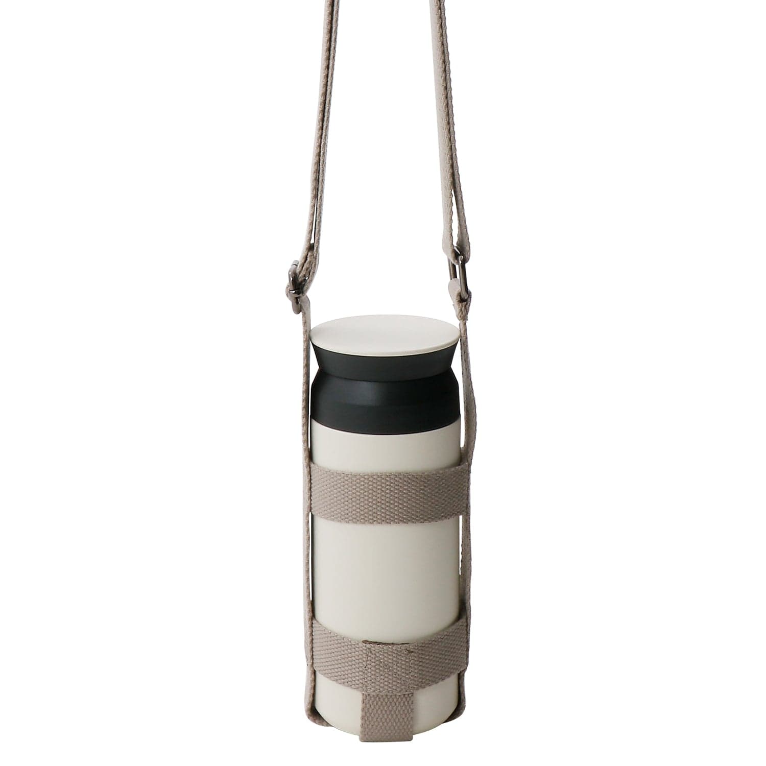 Beige bottle with gray strap and black cap, held in an upright sling.