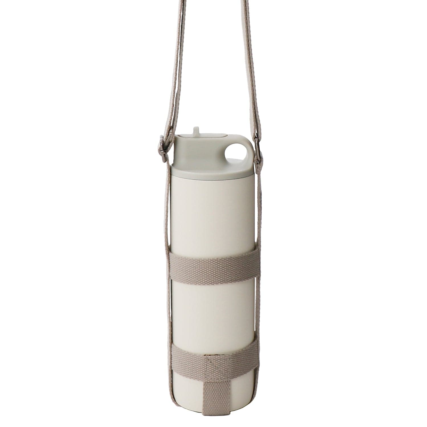 Beige bottle with gray strap and open cap, held in a sling with a handle.