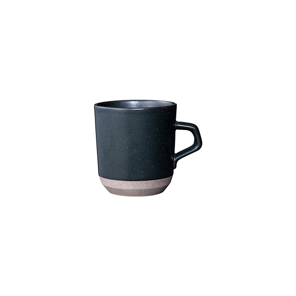 Tall black ceramic mug with a handle and natural brown base.