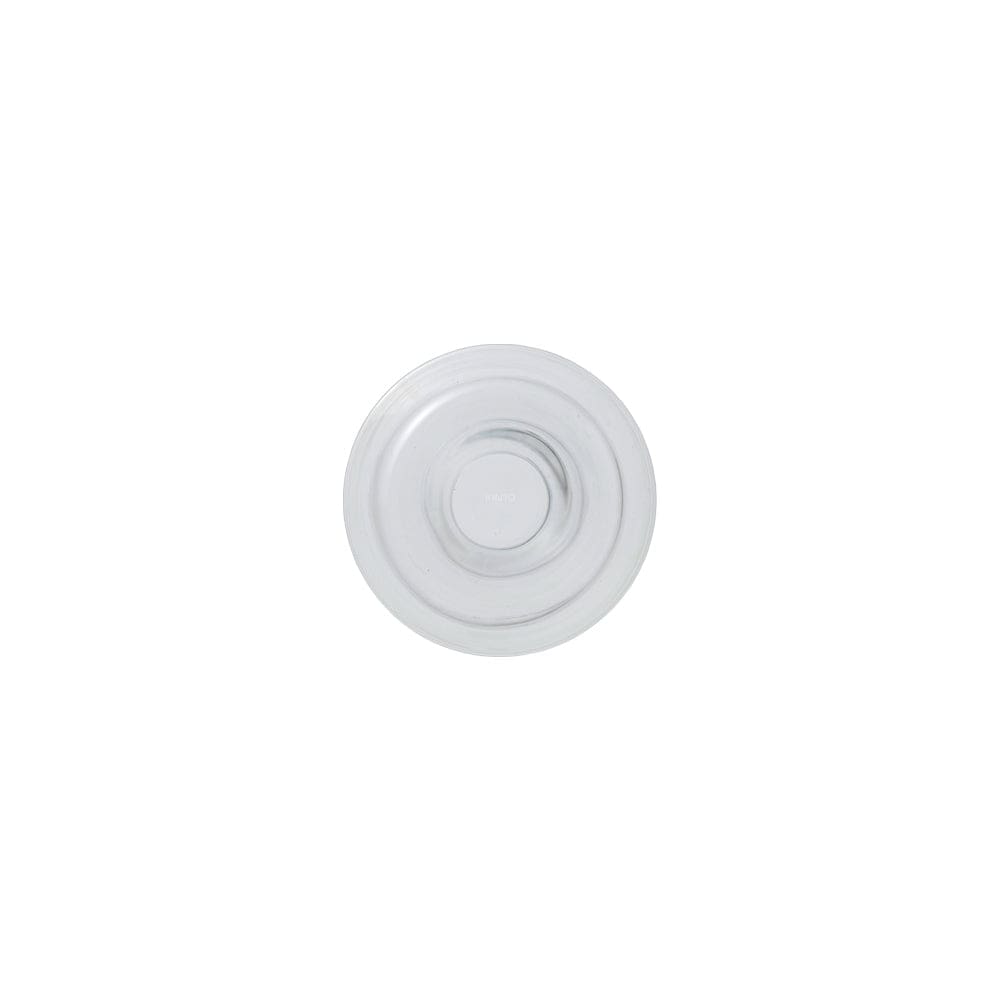 Top view of a round, transparent glass lid.