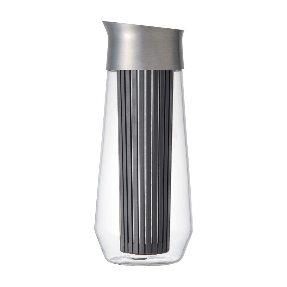 Glass pitcher with black filter insert and stainless steel lid.