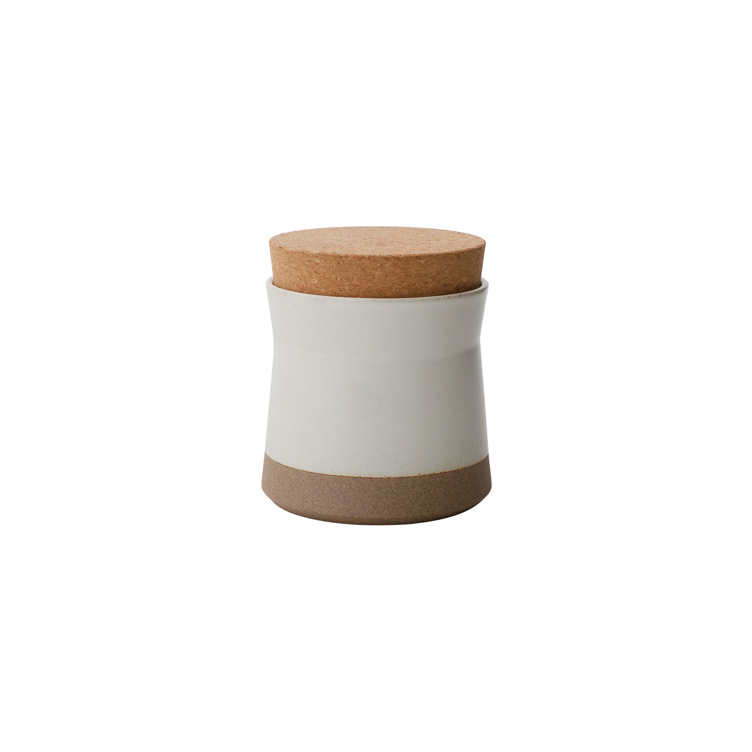 Ceramic jar with cork lid, white upper body, and tan base, on white background.