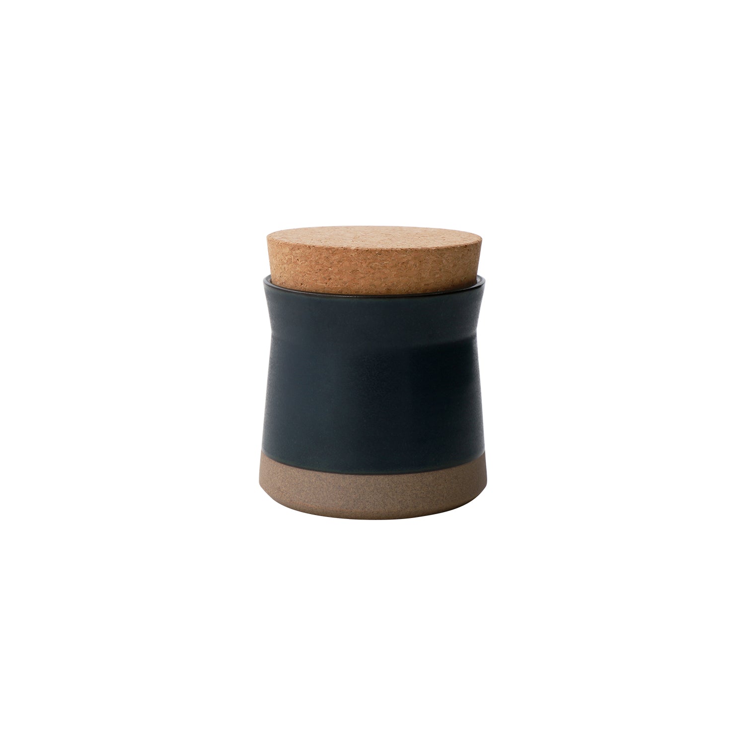 Black ceramic jar with cork lid, tan base, on white background.
