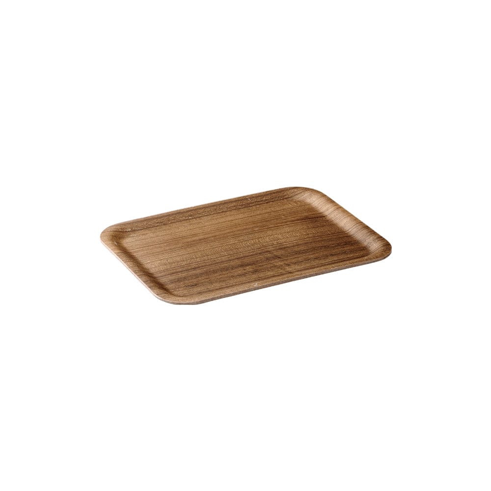 Rectangular wooden tray with rounded edges on a white background.
