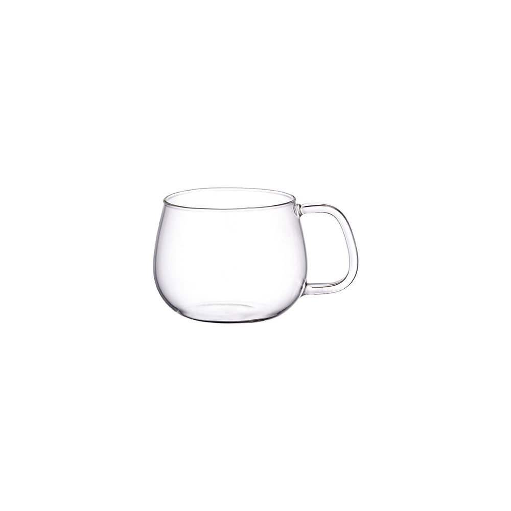 Clear glass cup with handle against a white background.