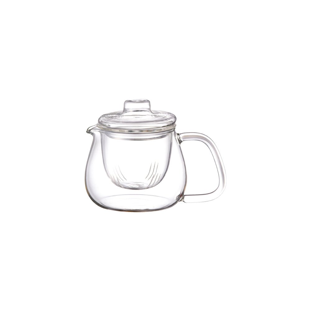 Clear glass teapot with lid and handle on a white background.