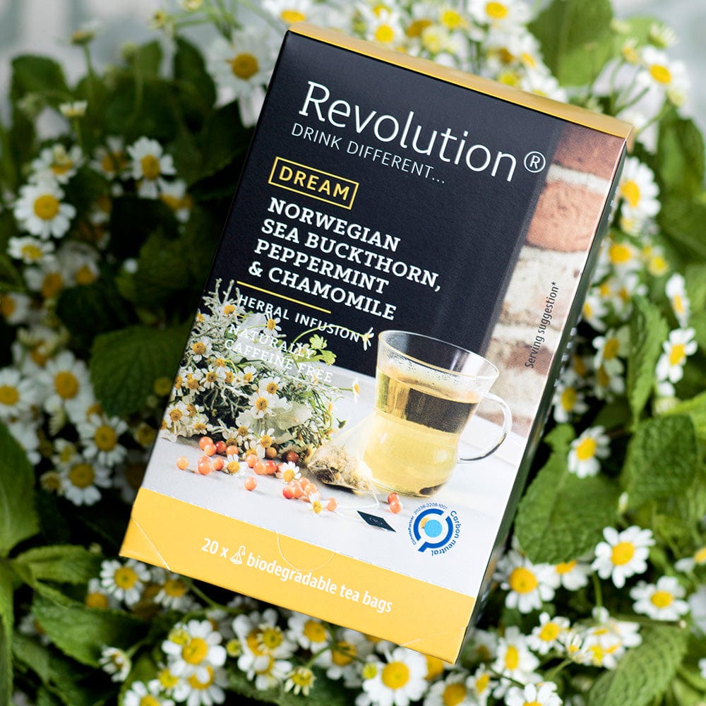 Box of Norwegian Sea Buckthorn tea with peppermint and chamomile among daisies.