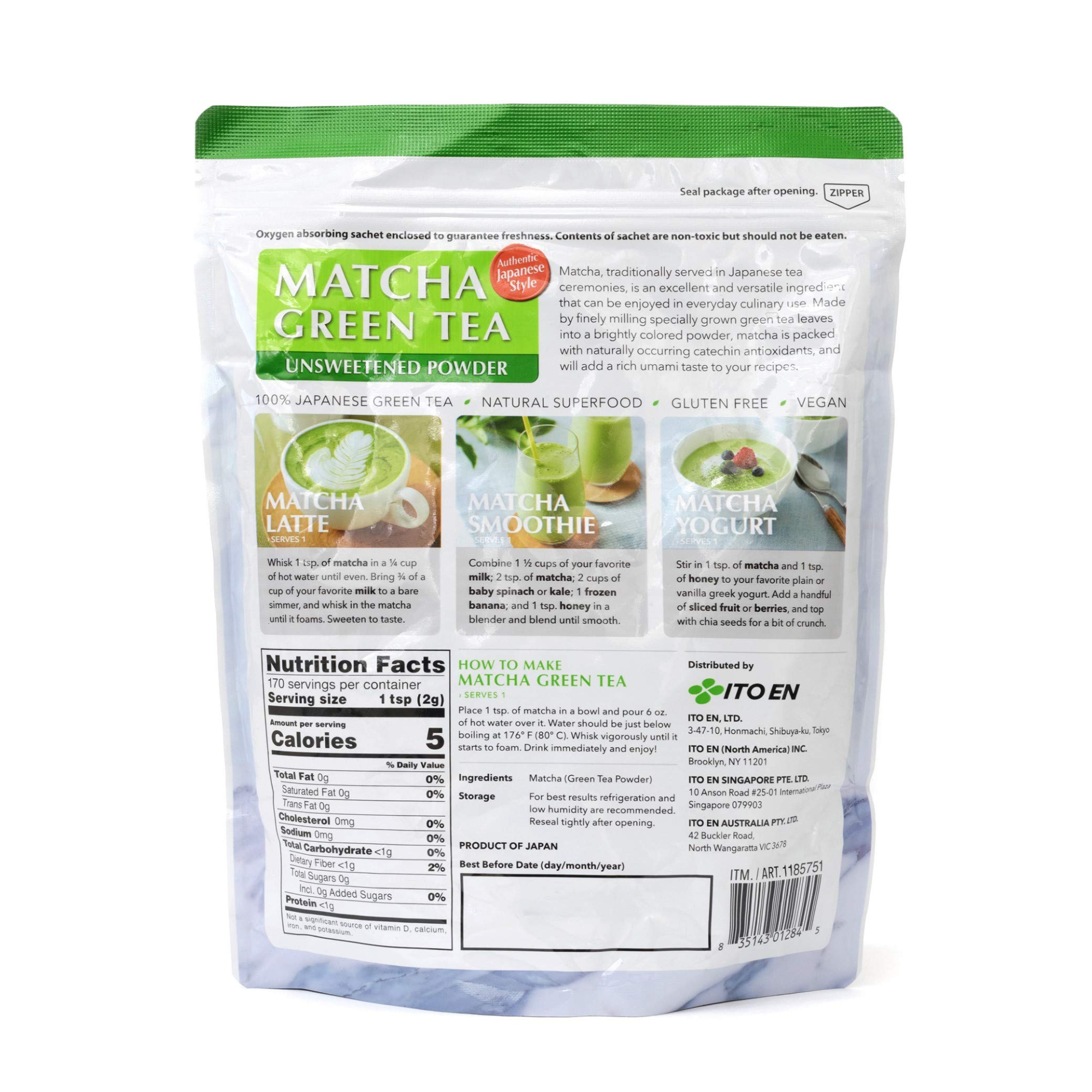 Back of unsweetened matcha green tea packet with recipes and nutrition.