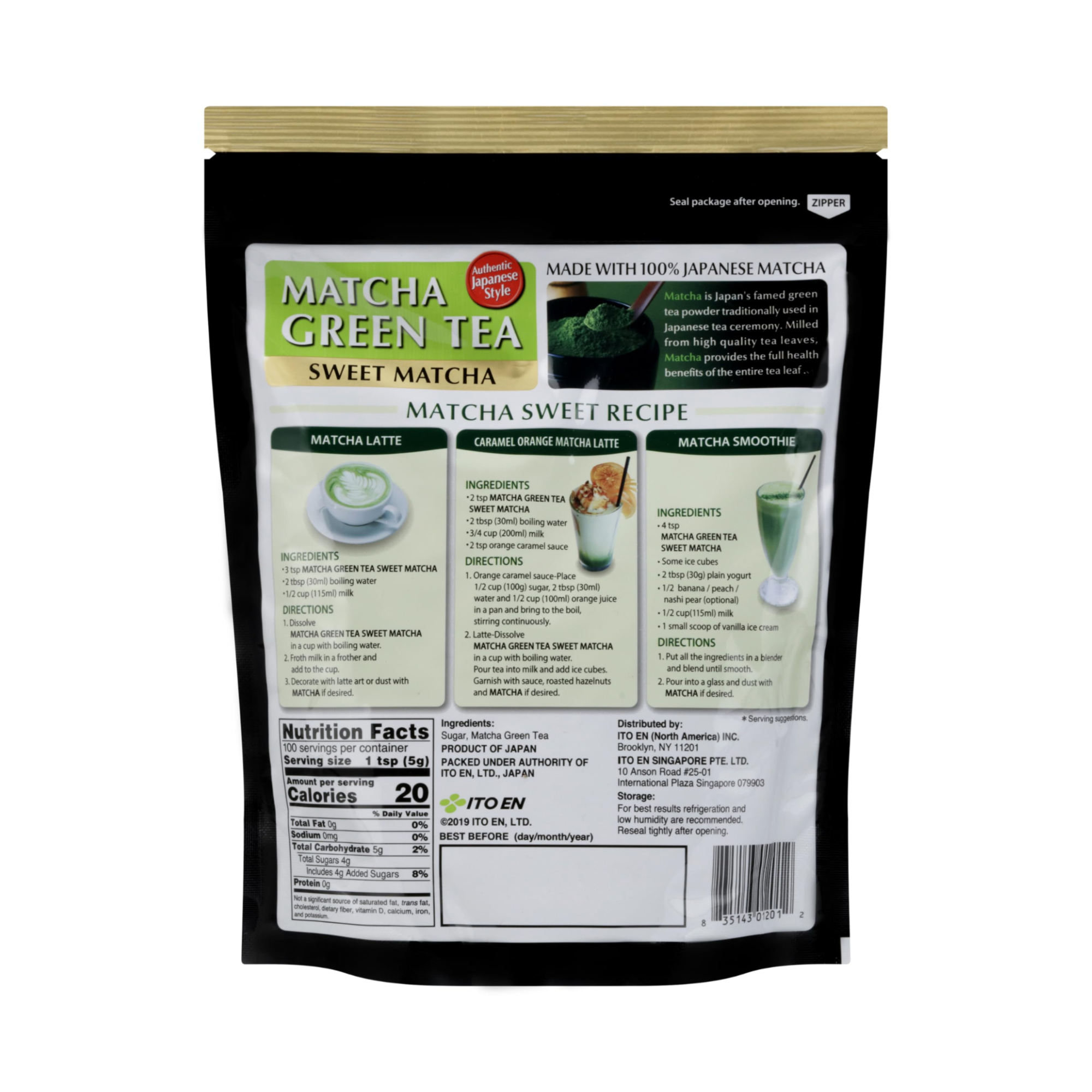 Rear view of matcha green tea packet with recipes and nutrition facts.
