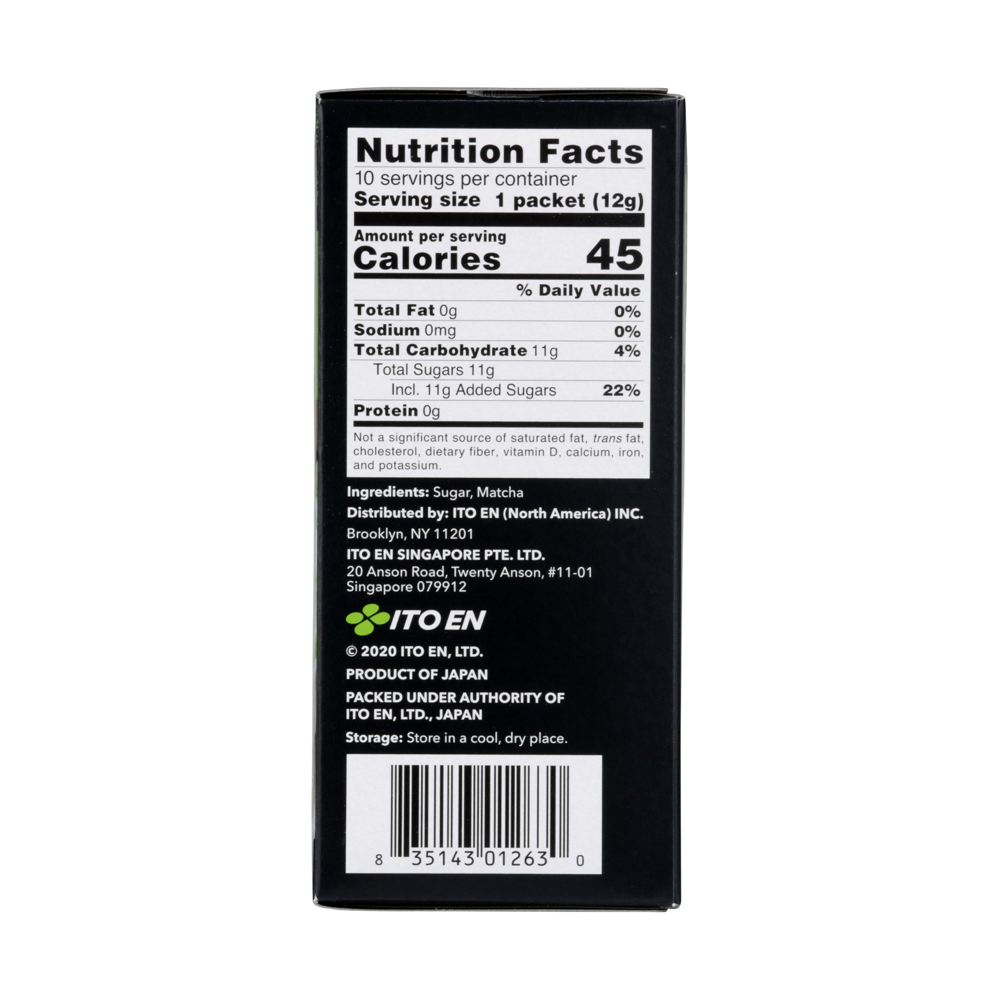 Nutrition facts and ingredients on matcha box, 45 calories per packet.