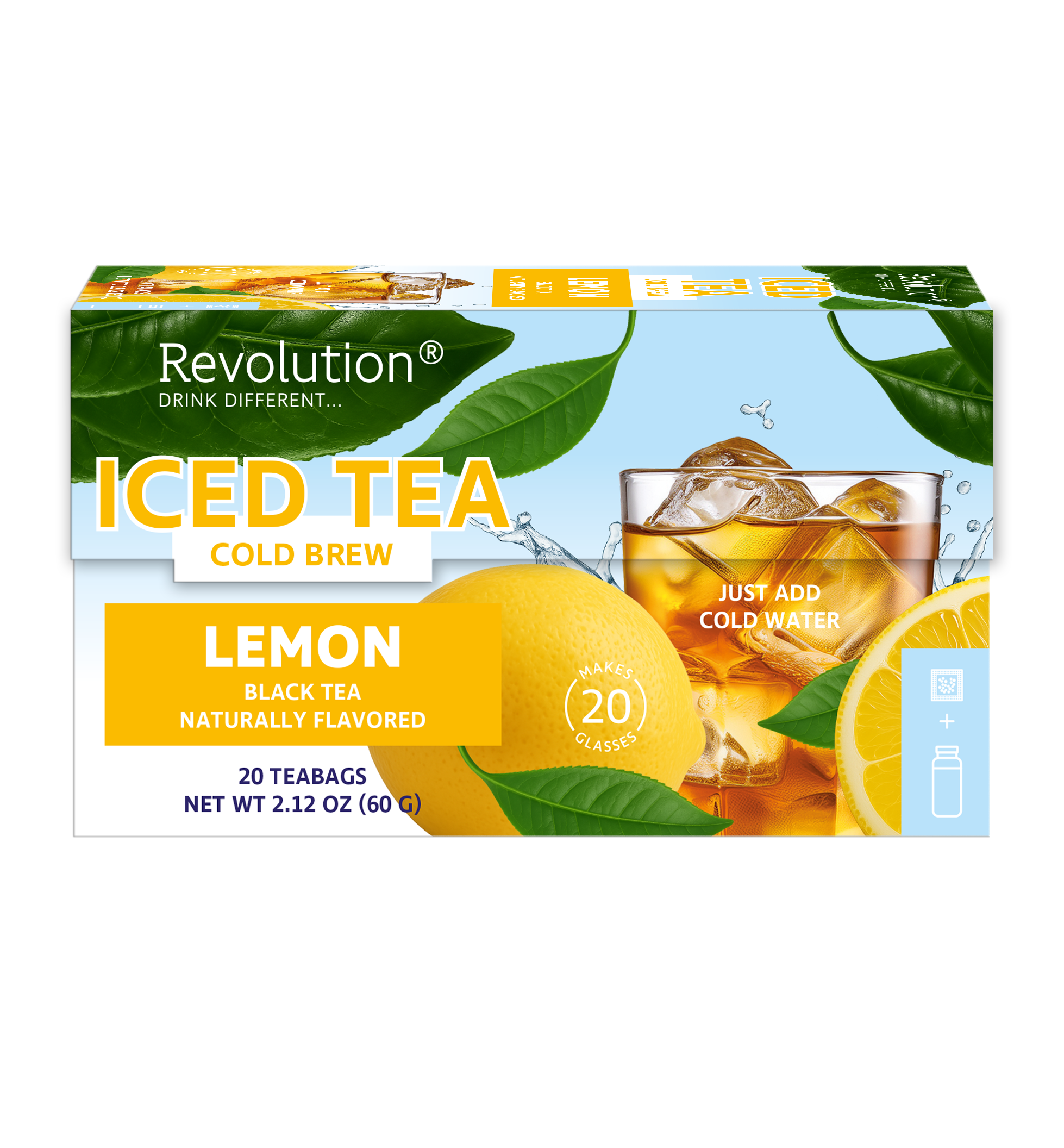Horizontal lemon iced tea box with iced glass and lemon accents.
