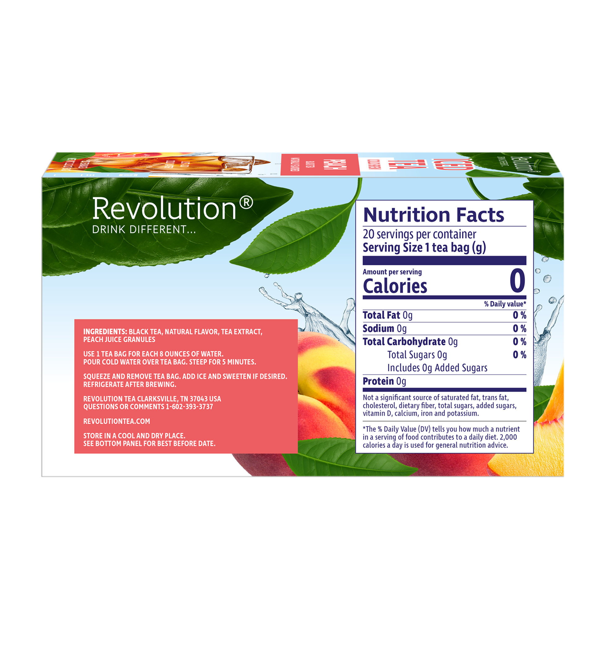 Iced tea nutrition facts and ingredients with peach and leaf design.