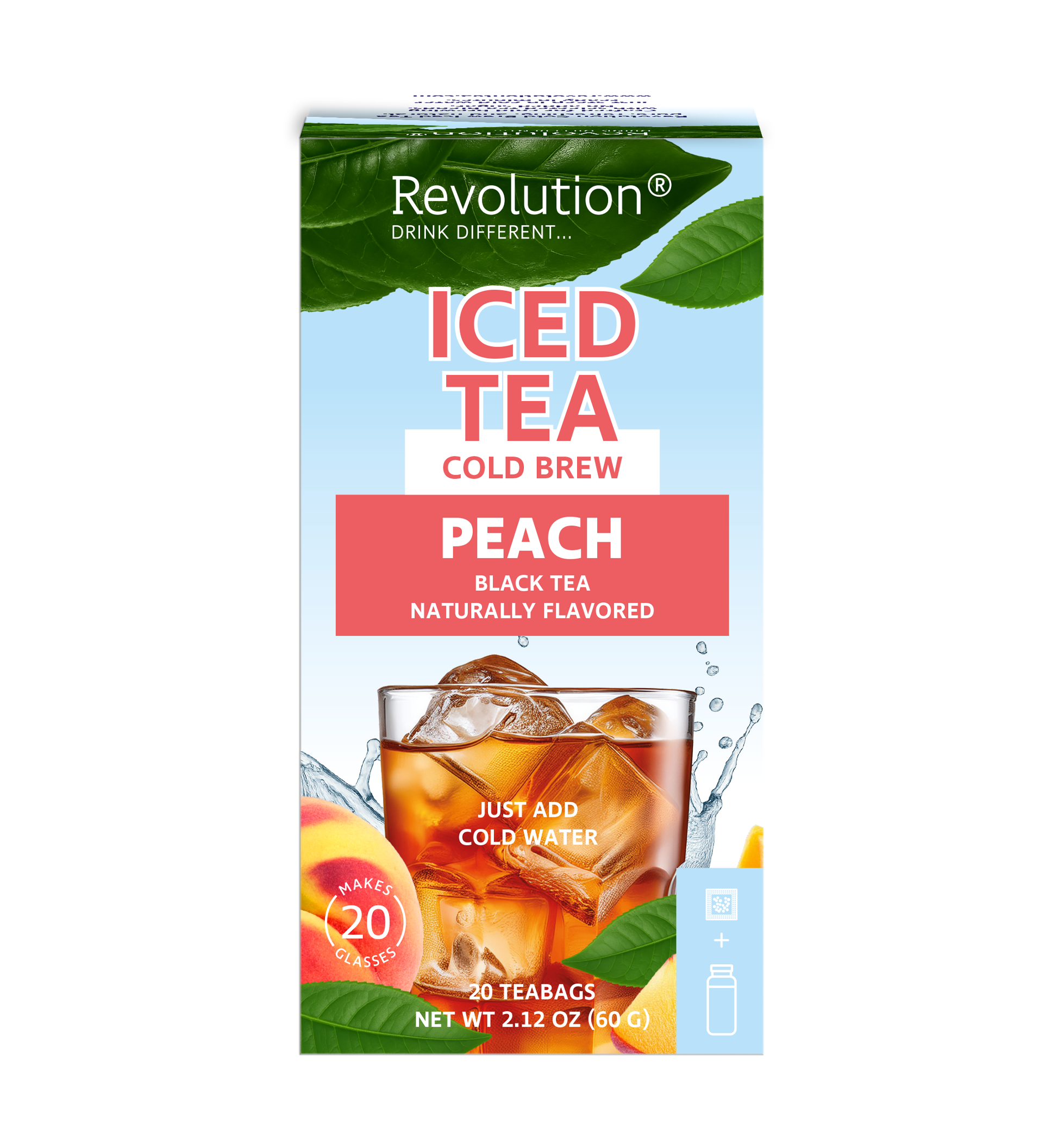 Front view of peach iced tea package, glass with peaches, and tea highlights.