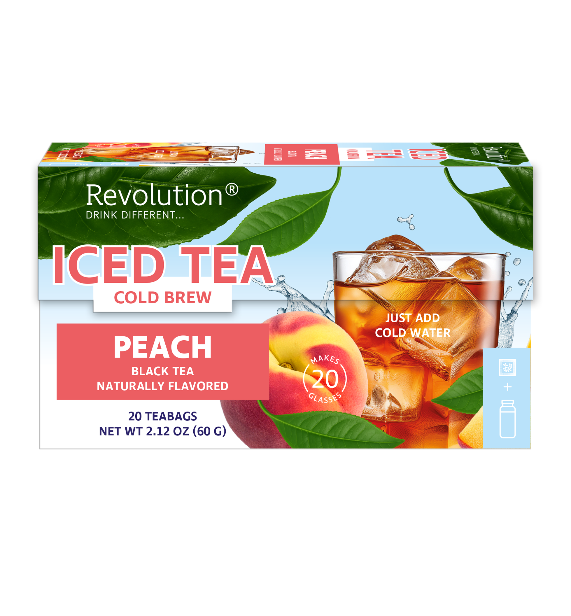 Horizontal box of peach iced tea with ice glass and peach accents.