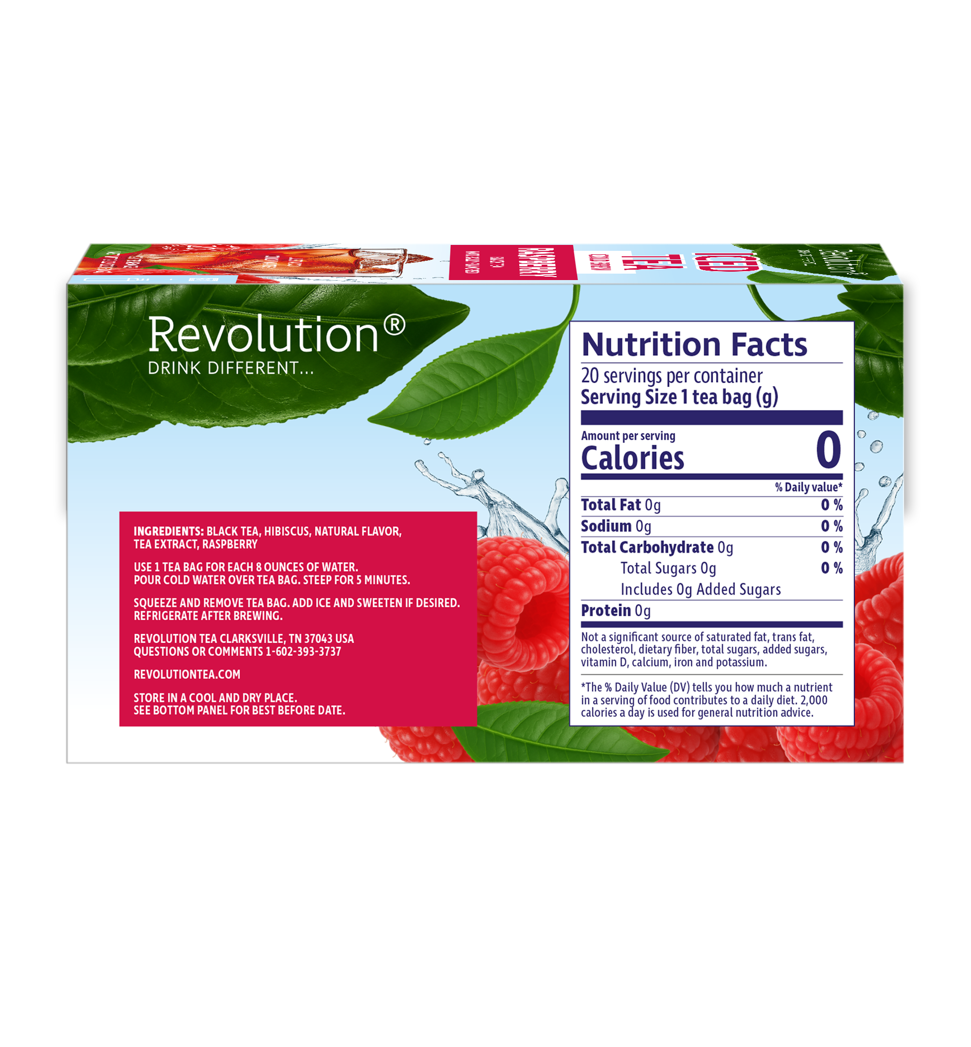 Raspberry iced tea nutrition facts with raspberry and leaf design.