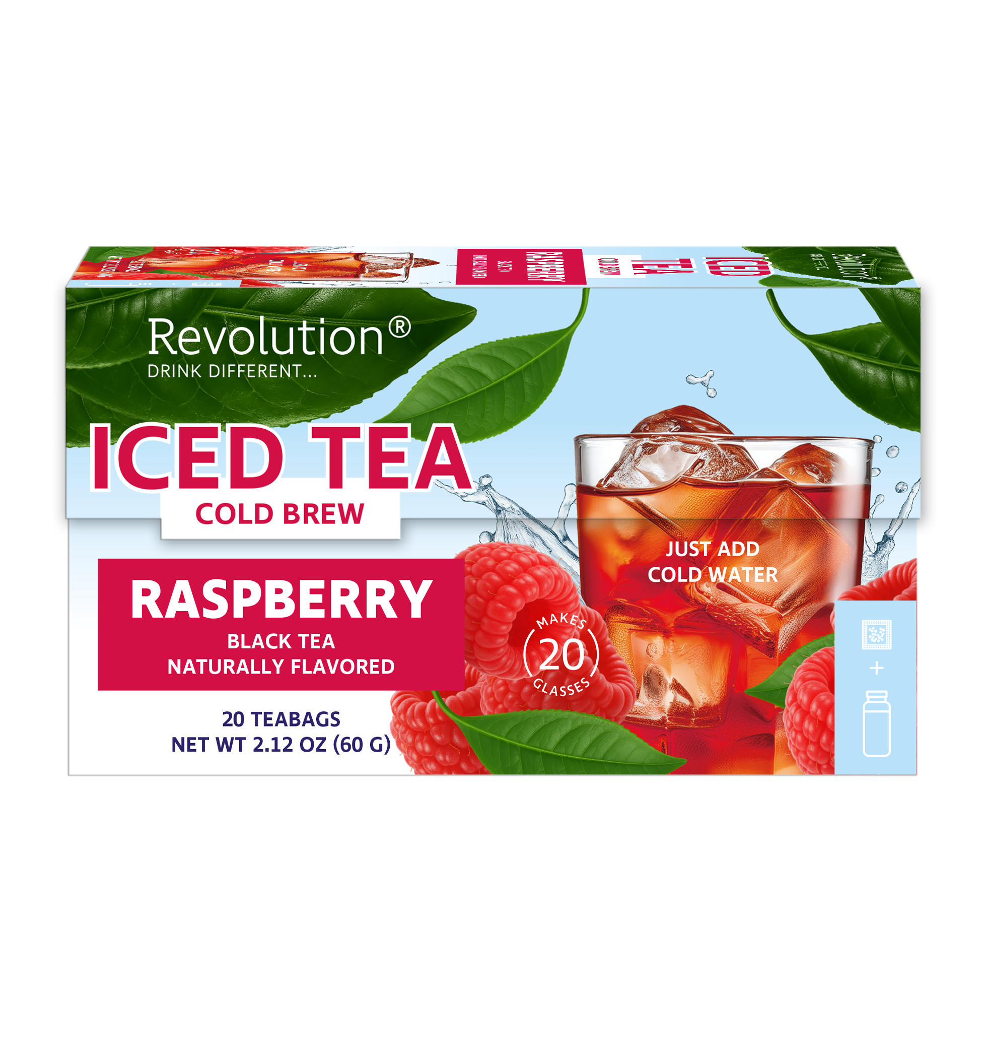 Raspberry Iced Tea Cold Brew carton showing 20 teabags and an iced tea glass with raspberries.