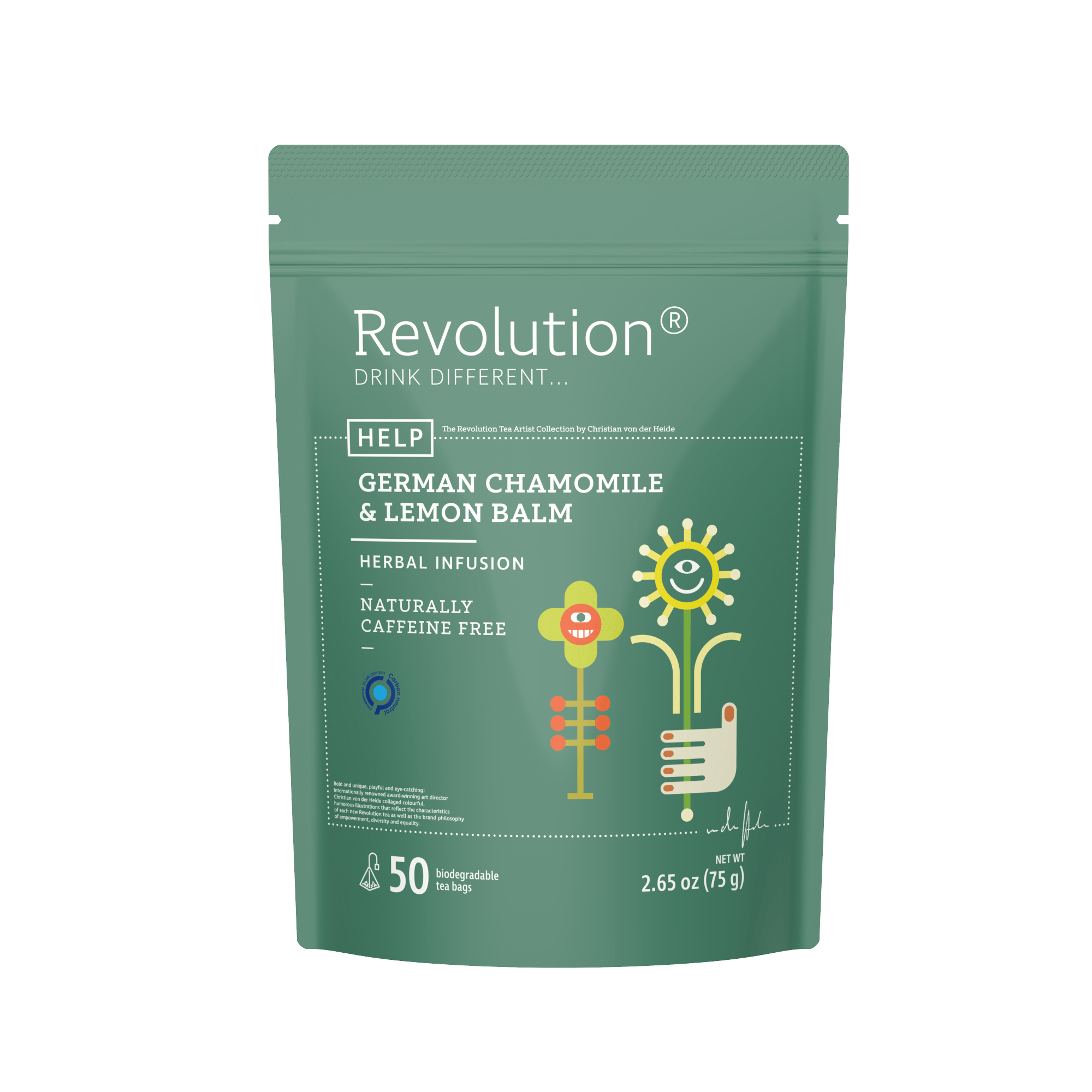 Package of German Chamomile & Lemon Balm herbal infusion, naturally caffeine-free.