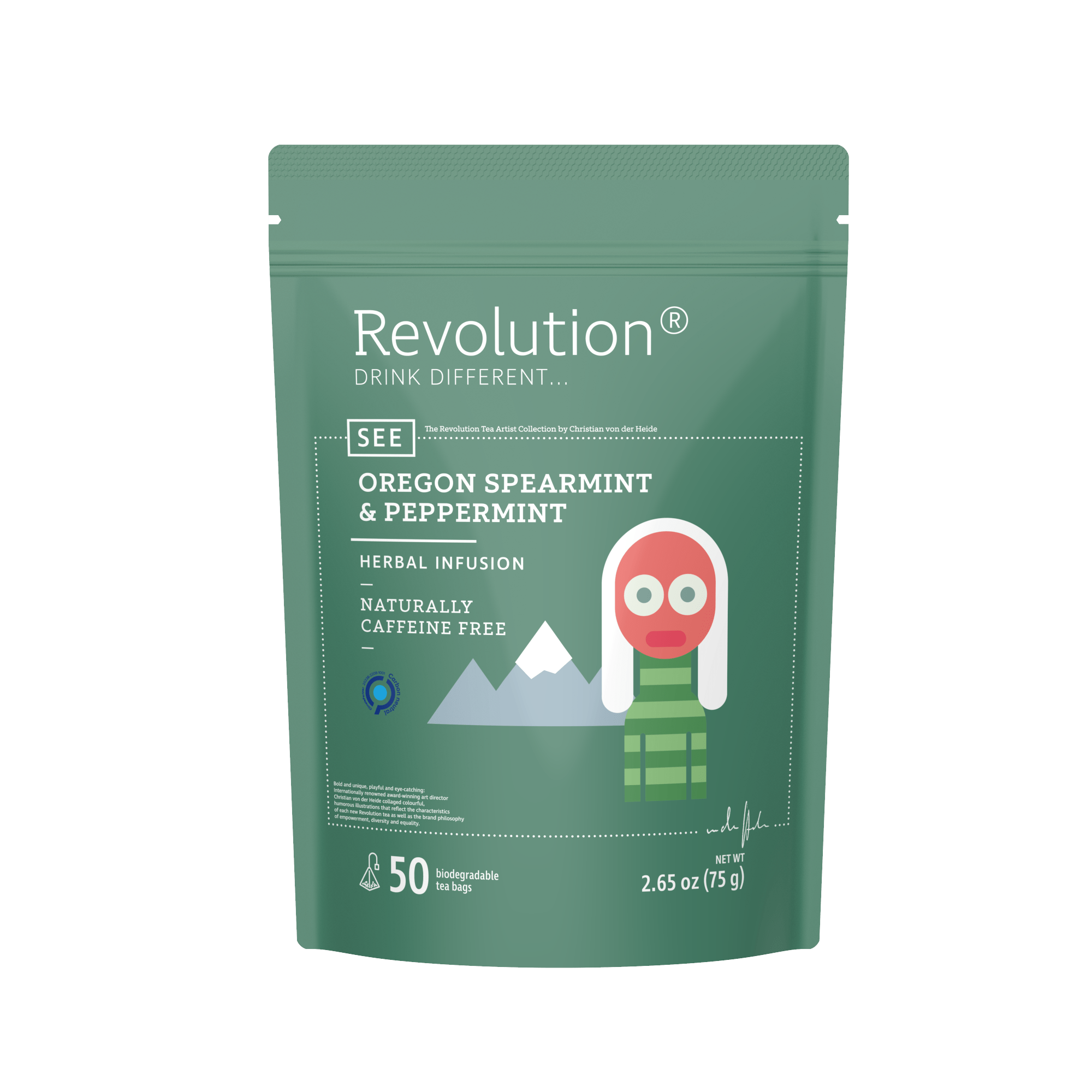 Package of Oregon Spearmint & Peppermint herbal infusion with mountains.