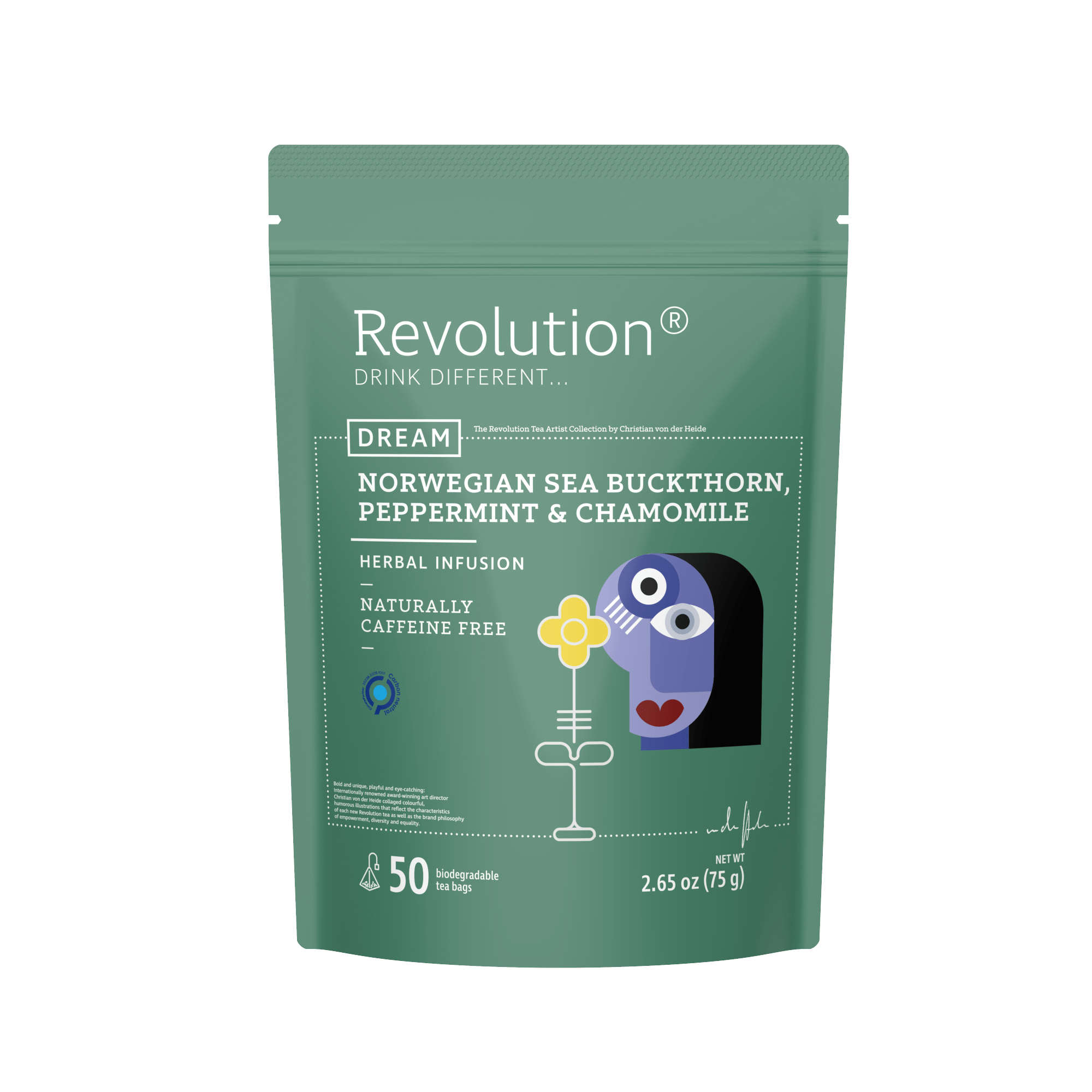 Green bag labeled Revolution Norwegian Sea Buckthorn, Peppermint & Chamomile Herbal Infusion, 50 teabags.