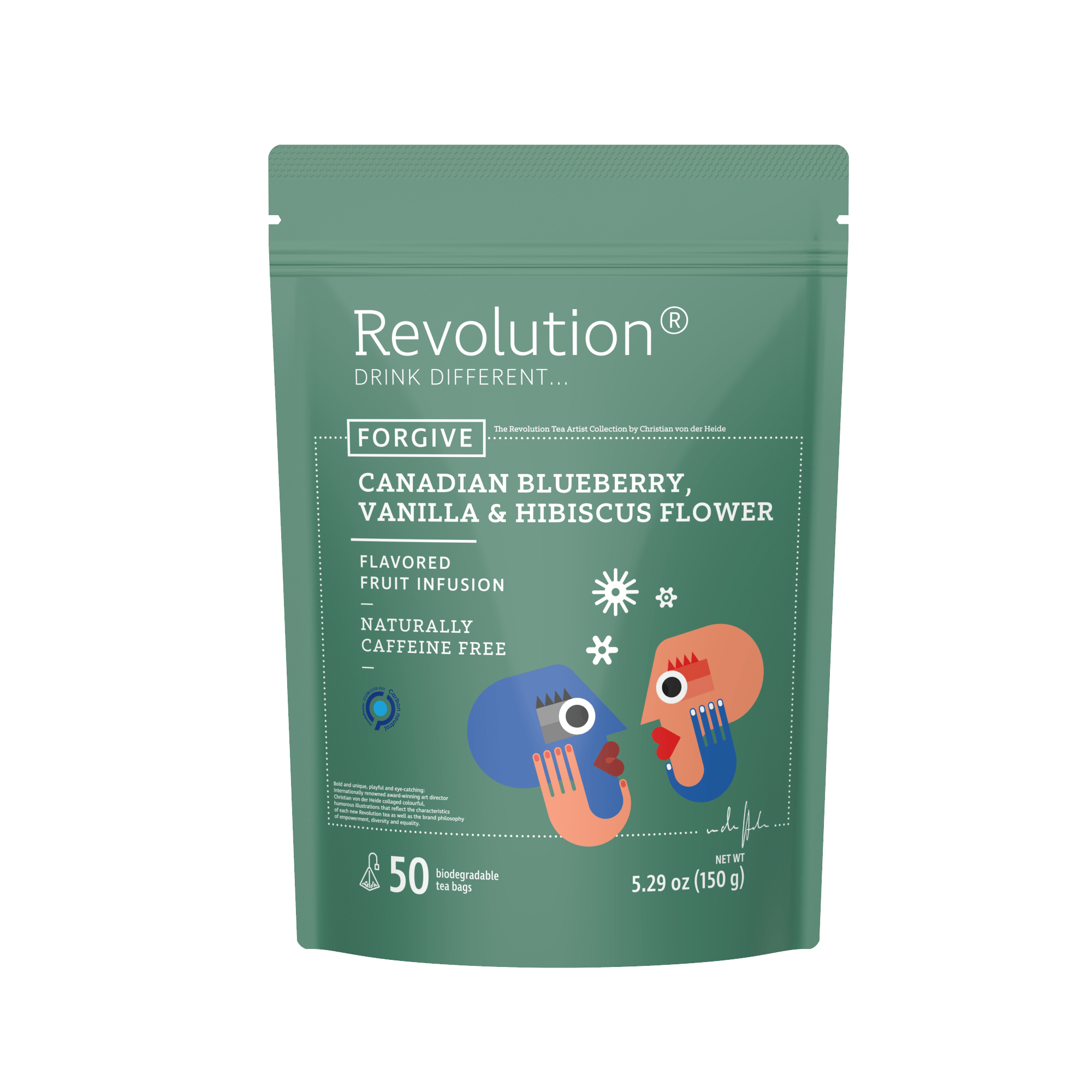 Green bag labeled Revolution Canadian Blueberry, Vanilla & Hibiscus Flower Flavored Fruit Infusion, 50 teabags.