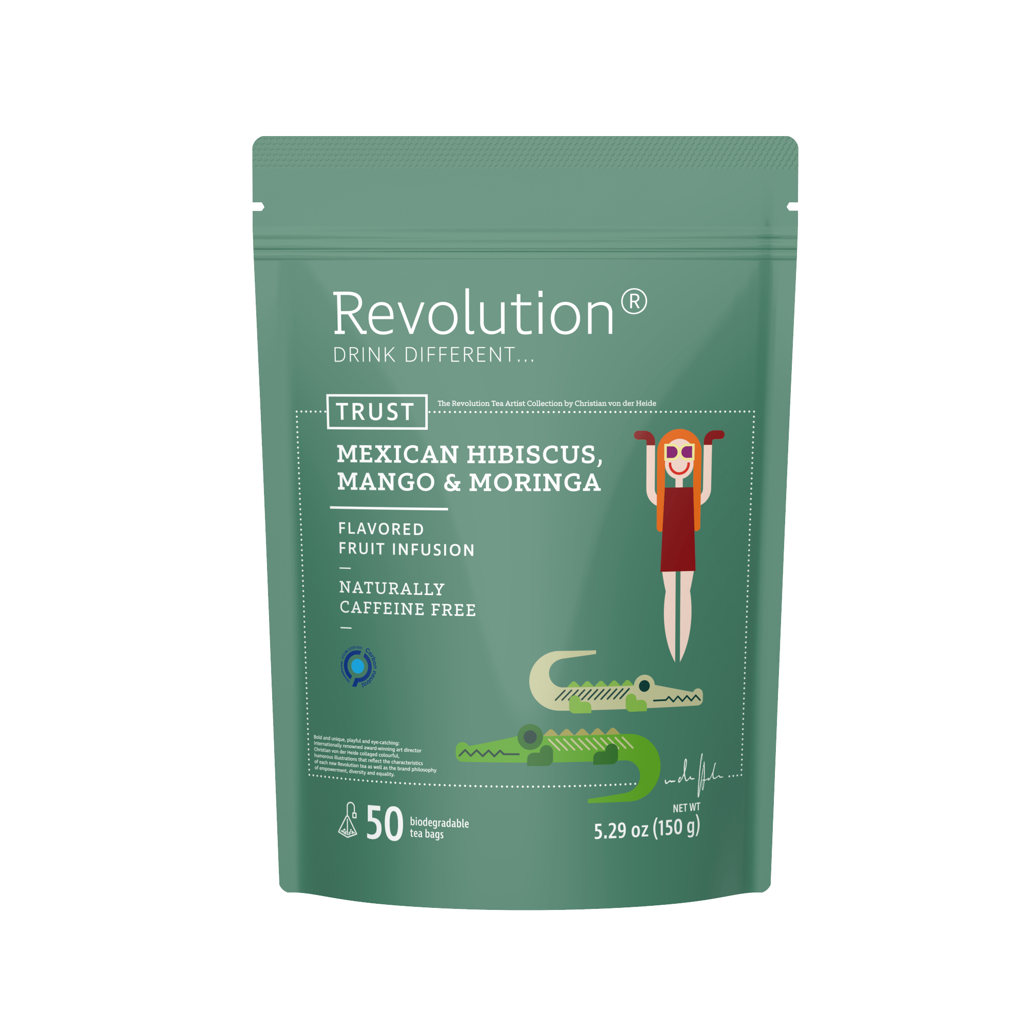 Green package with text 'Mexican Hibiscus, Mango & Moringa', illustration of a woman, 5.29 oz.