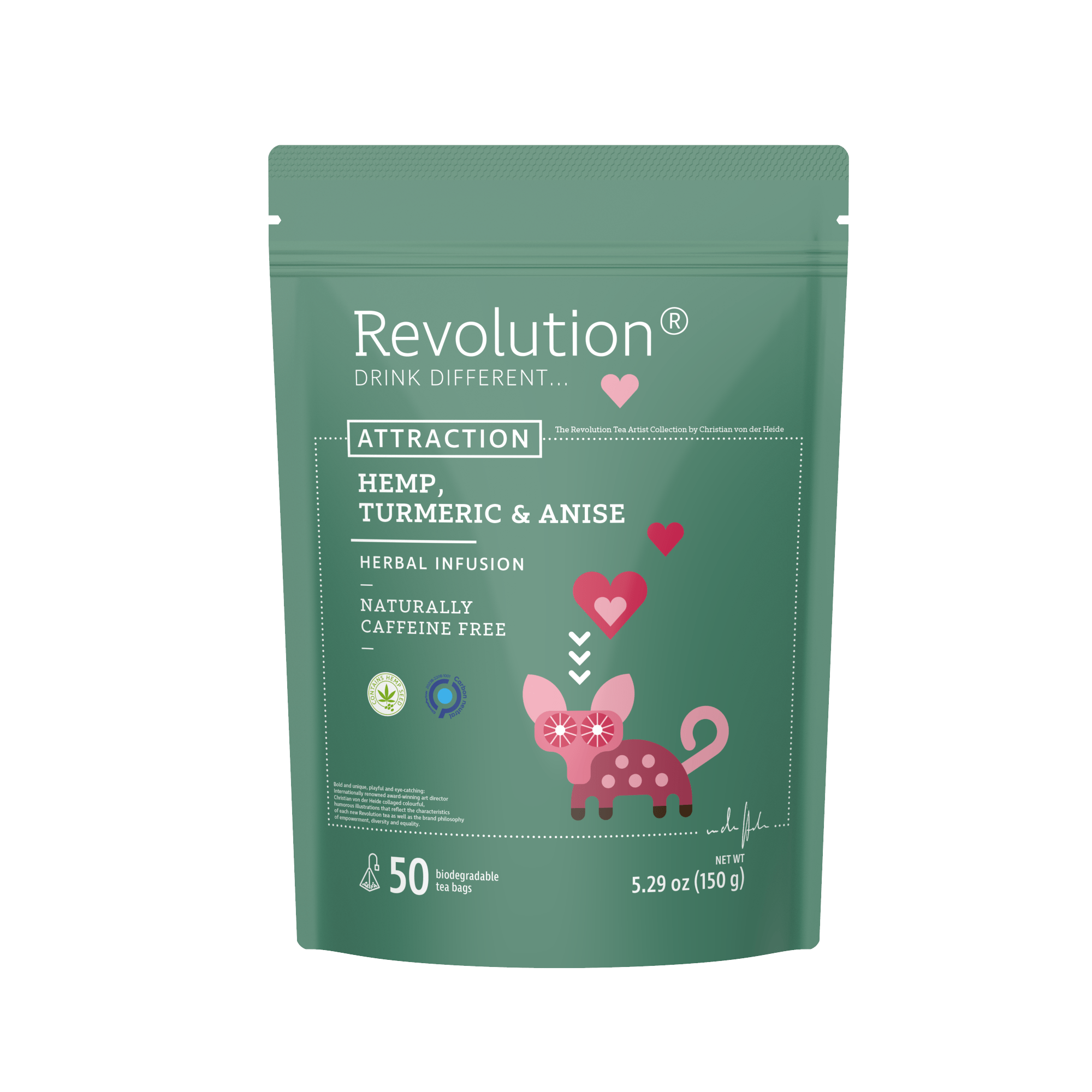 Green package with text 'Hemp, Turmeric & Anise', illustration of a cat, 5.29 oz.