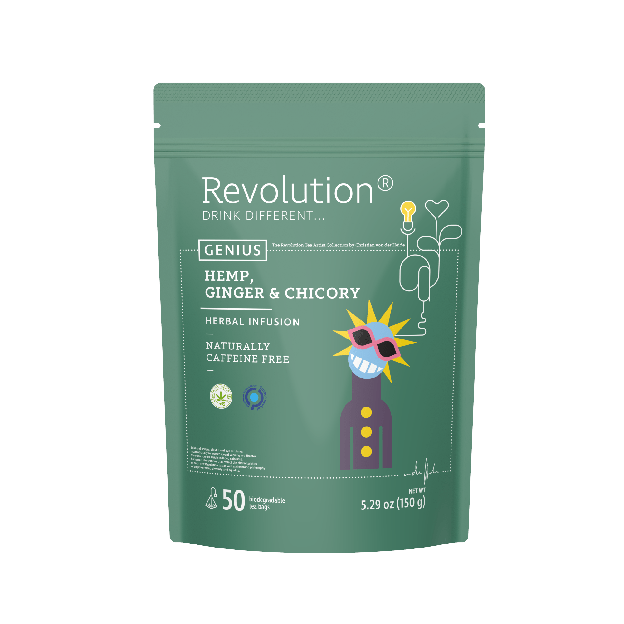 Green bag labeled Revolution Hemp, Ginger & Chicory Herbal Infusion, 50 teabags.