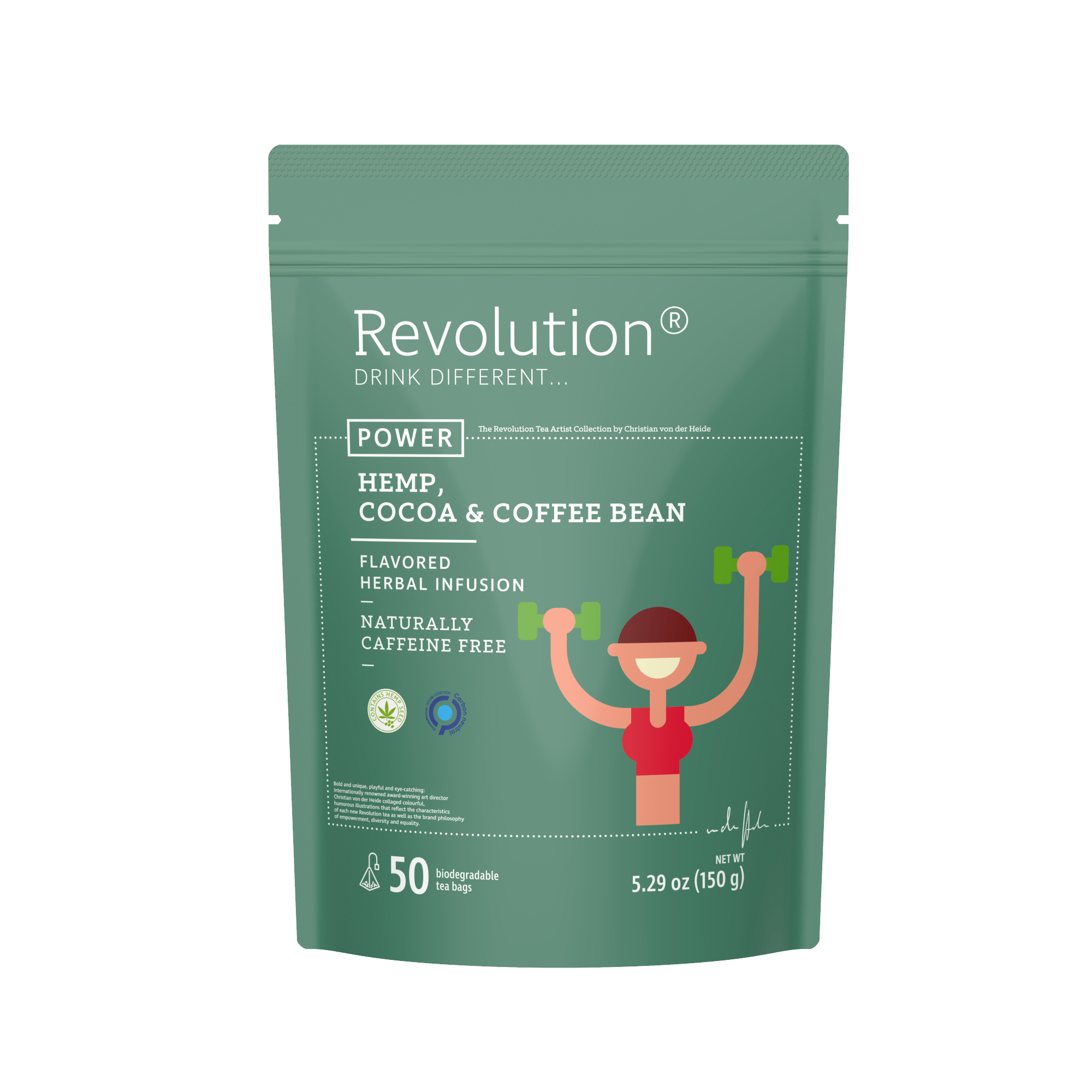 Package of Hemp, Cocoa & Coffee Bean herbal infusion with a weightlifting character.