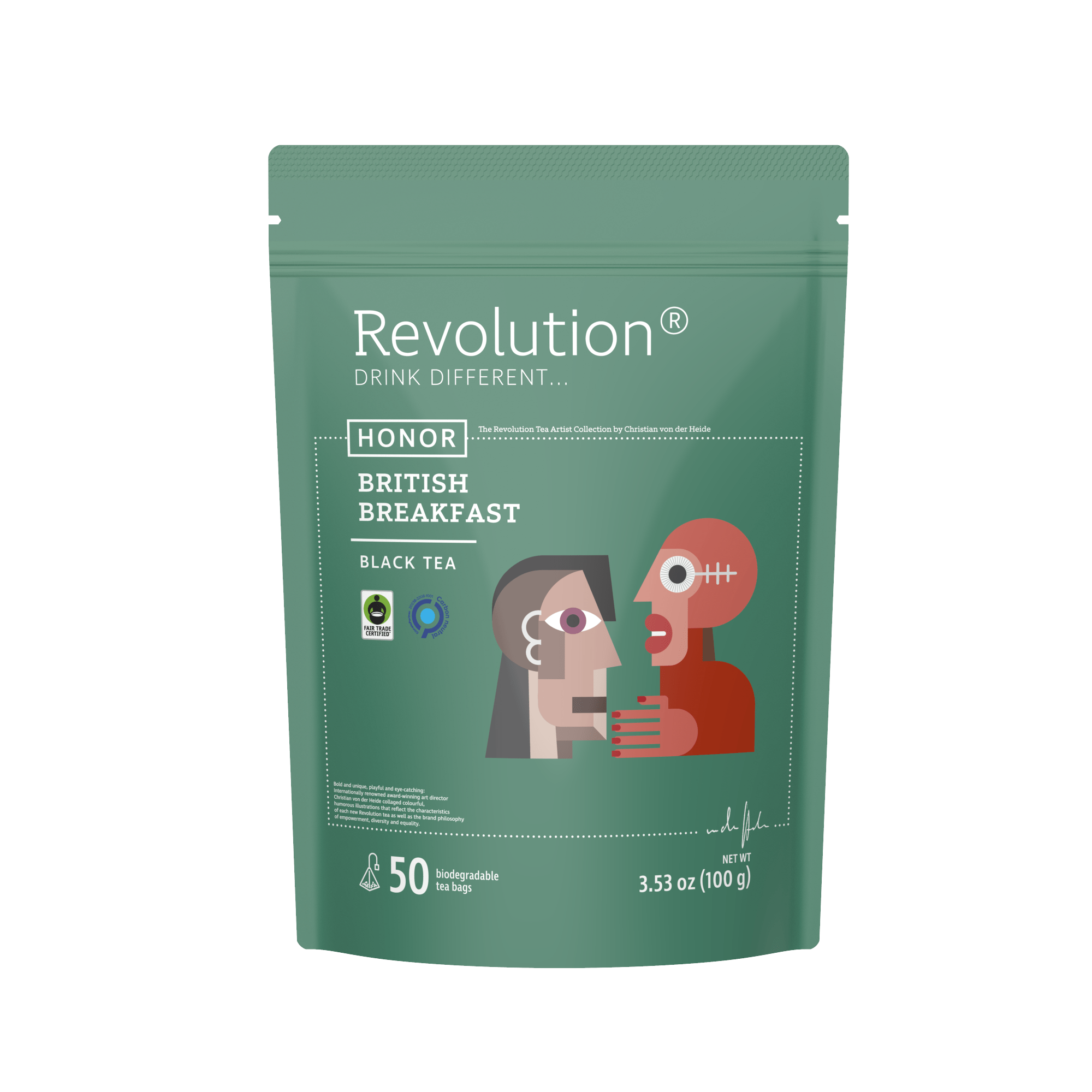 Package of British Breakfast black tea with two illustrated characters.