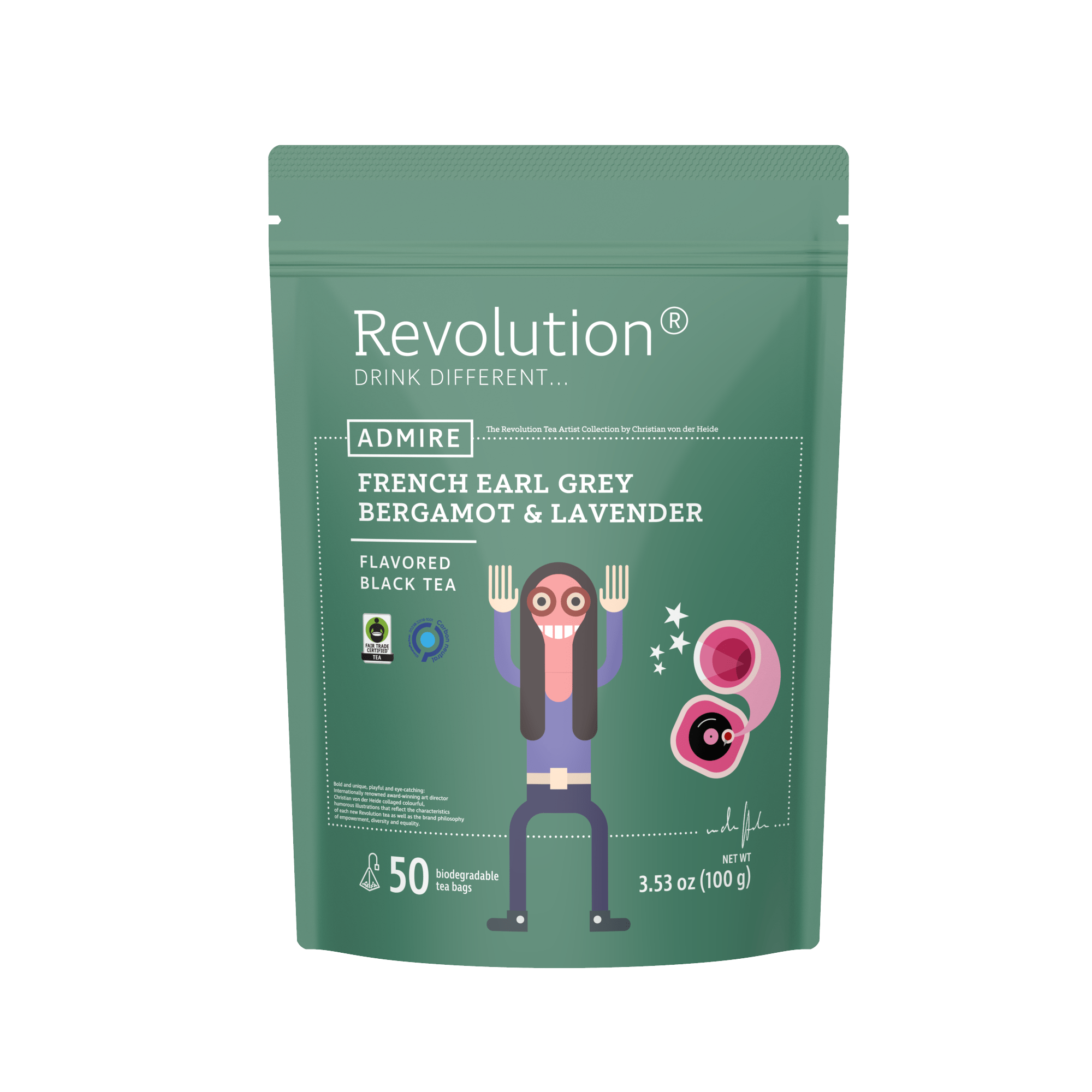 Green bag labeled Revolution French Earl Grey Bergamot & Lavender Flavored Black Tea, 50 teabags.