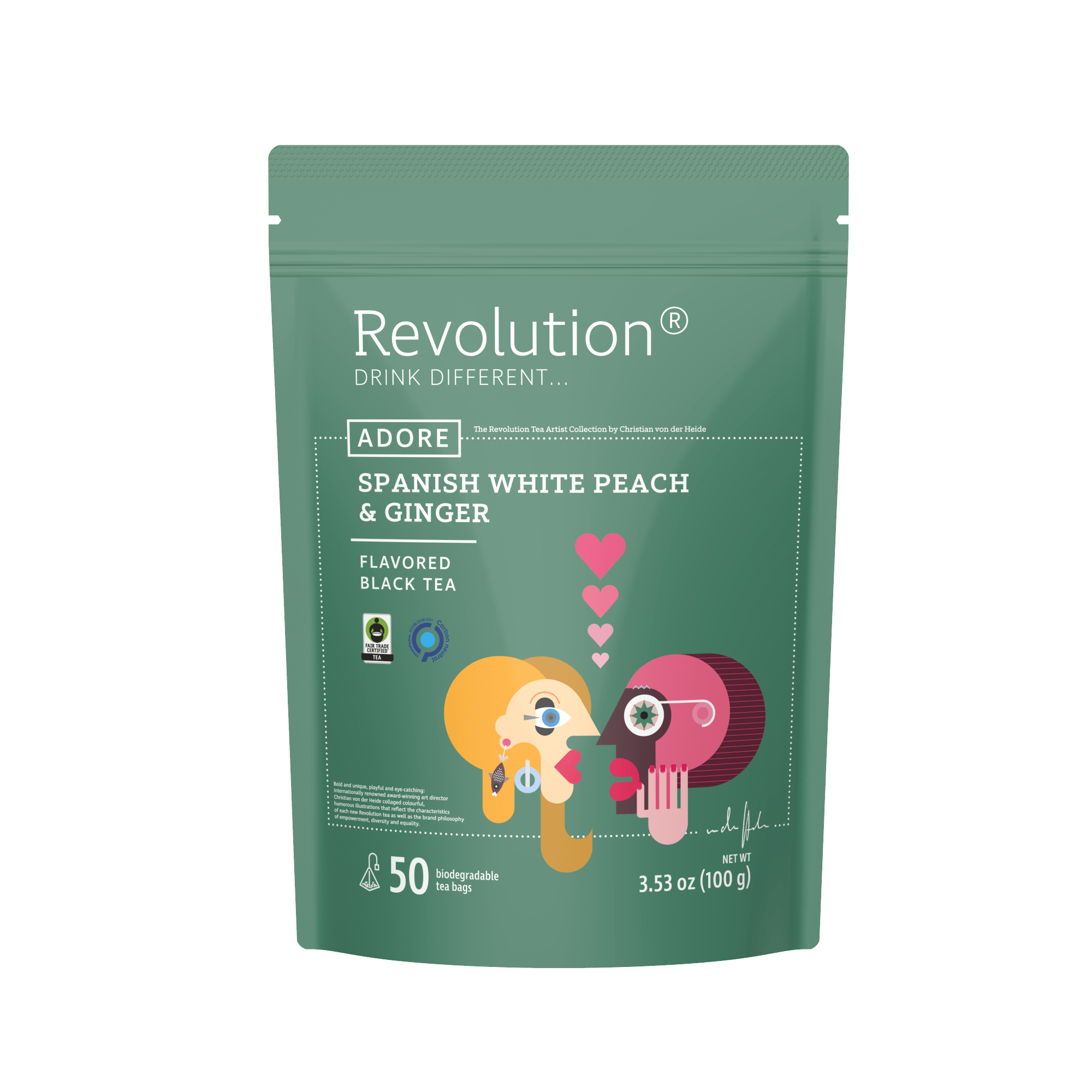 Green bag labeled Revolution Spanish White Peach & Ginger Flavored Black Tea, 50 teabags.